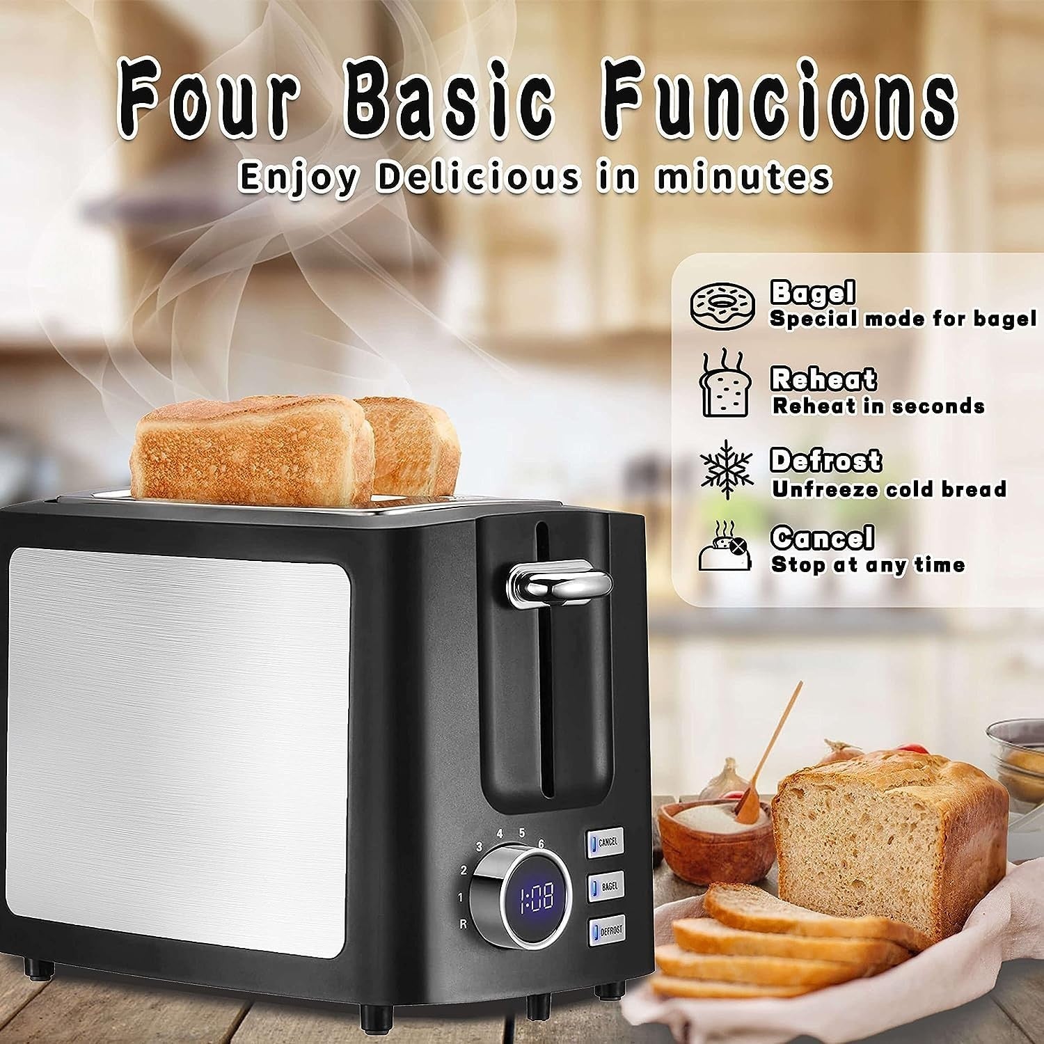 2 Slice Wide Slot Toaster with LCD Timer, Bagel/Defrost/Cancel/Reheat Functions5