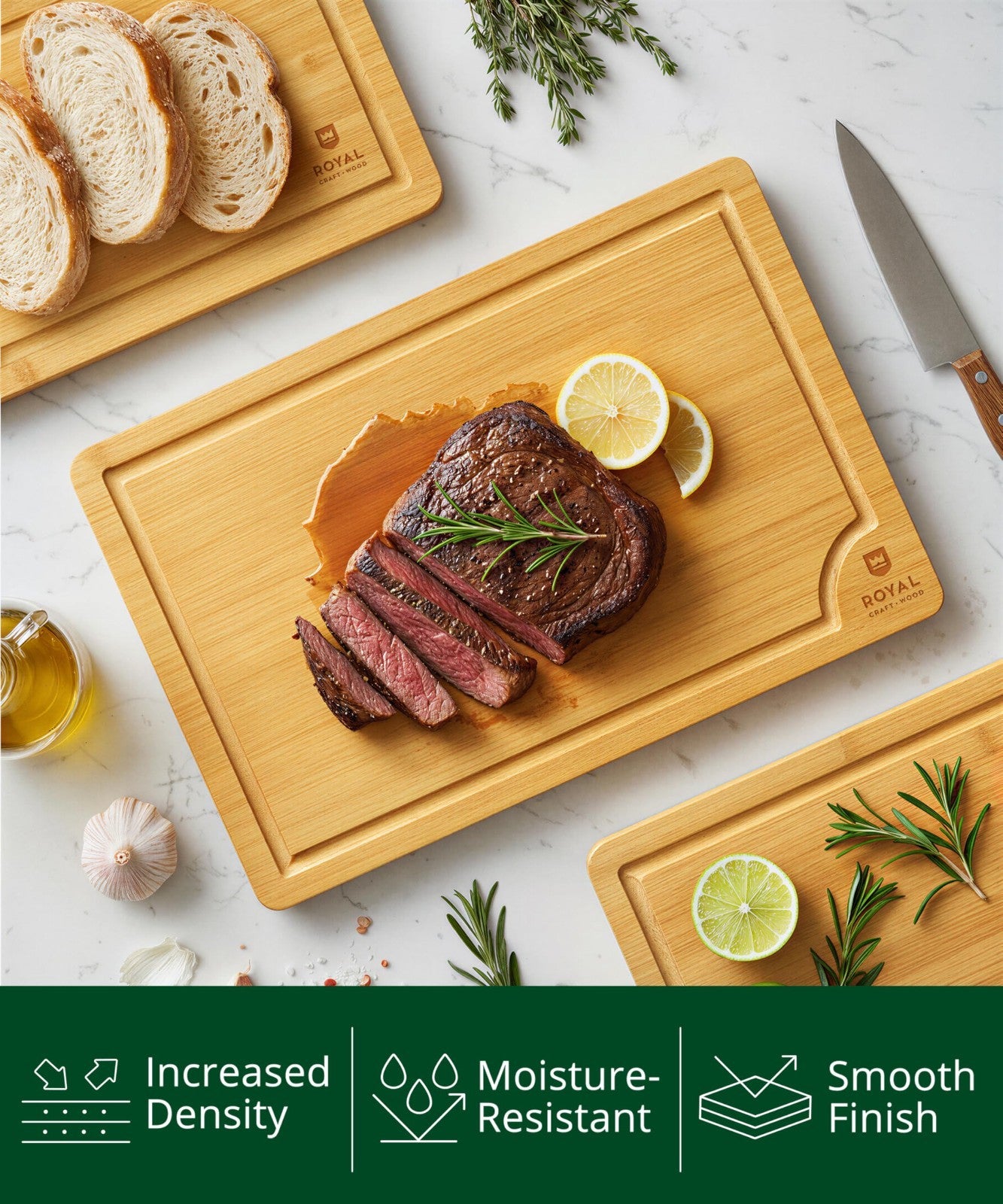 Wooden Cutting Boards Set   Bamboo Meal Prep & Serving Board with Juice Groove &7