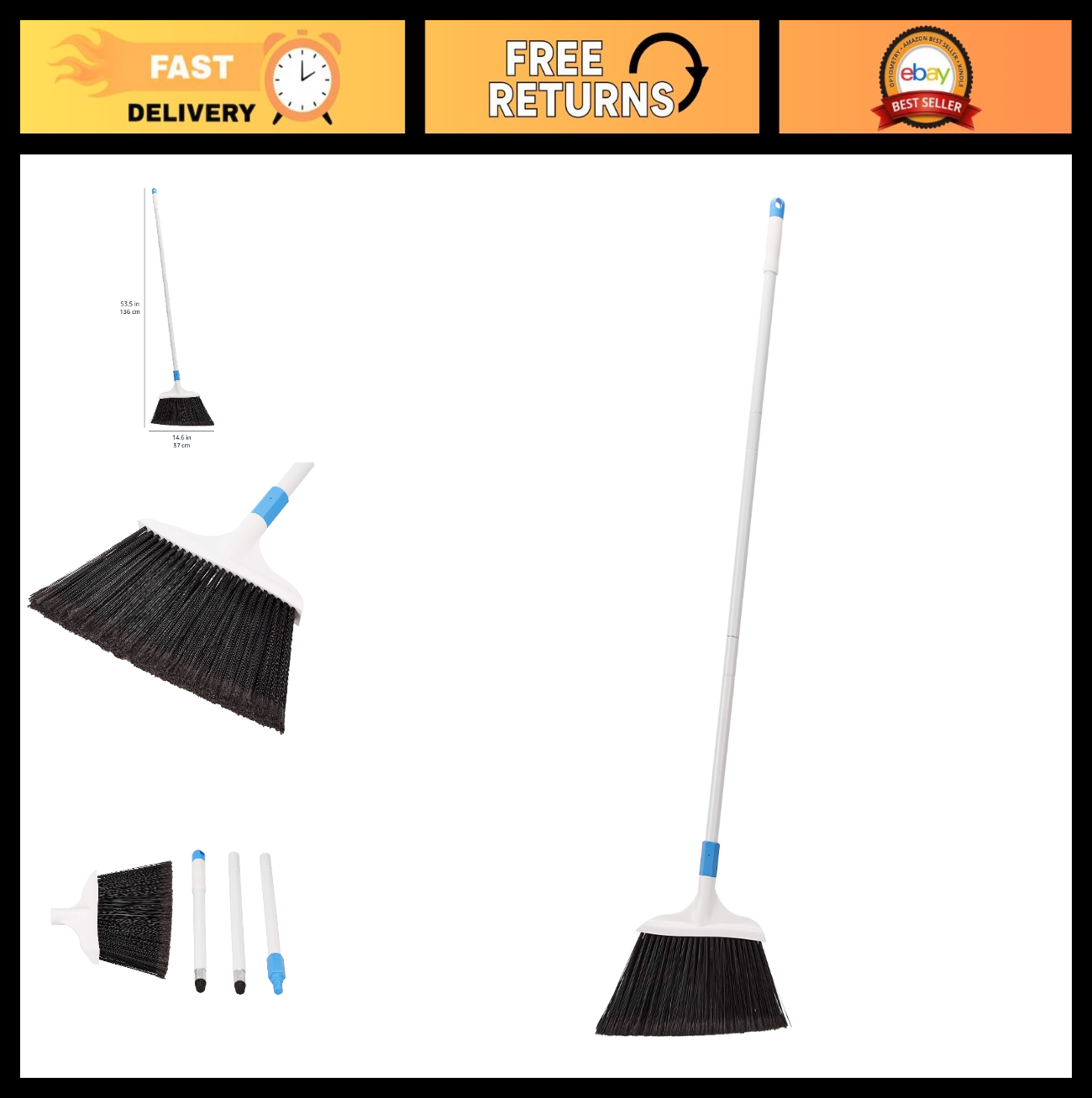 Heavy-Duty Floor Cleaning Broom, Stiff Bristles, 3-Piece Handle, Indoor/Outdoor0