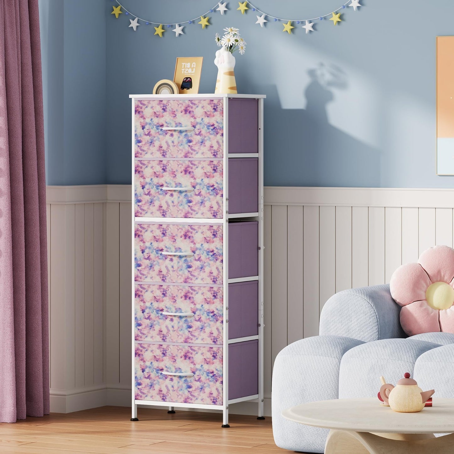Tall Dresser for Bedroom - 5 Drawer Vertical Fabric Chest, Tie-Dye Design, Space2