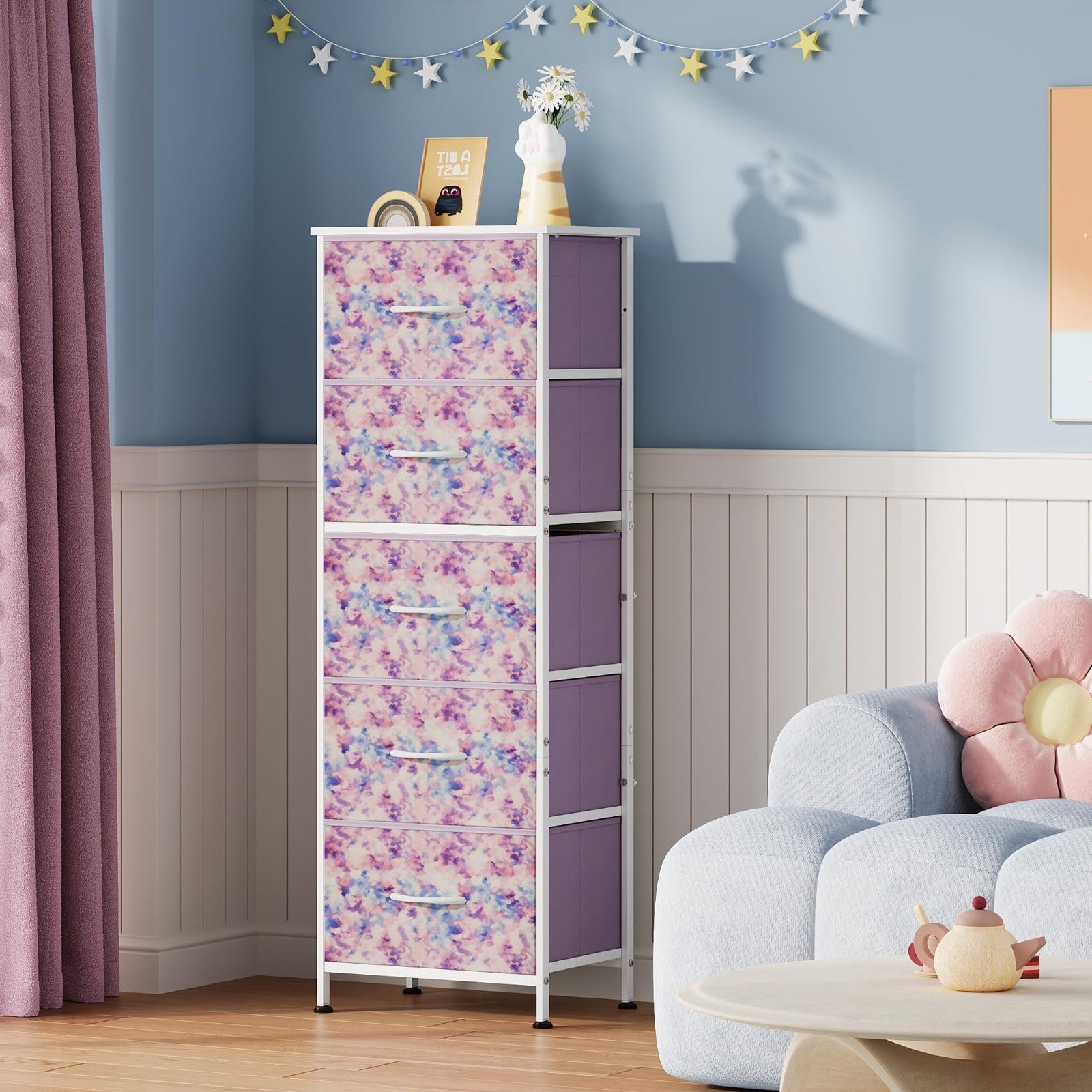 Tall Dresser for Bedroom - 5 Drawer Vertical Fabric Chest, Tie-Dye Design, Space2