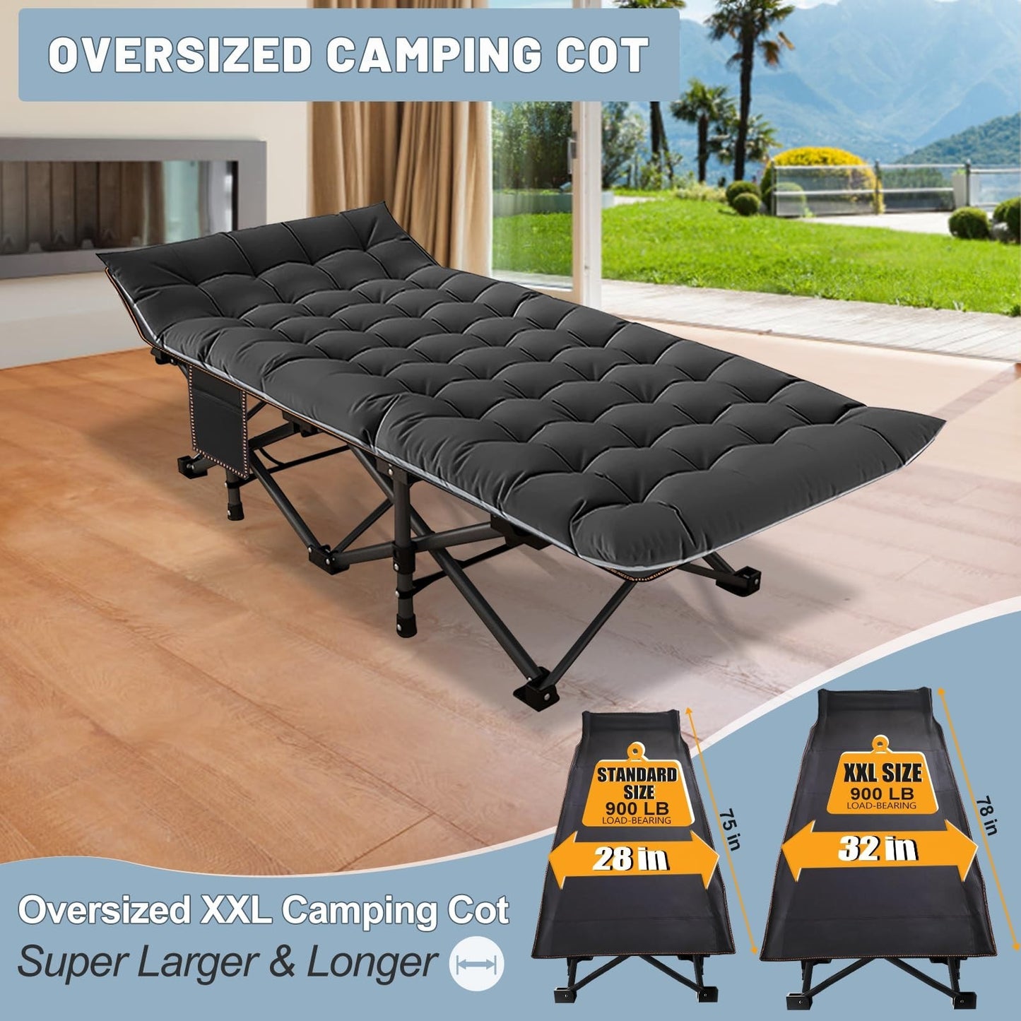 Oversized Folding Camping Cot for Adults, 32" Wide, 900 lbs Capacity, Includes P5