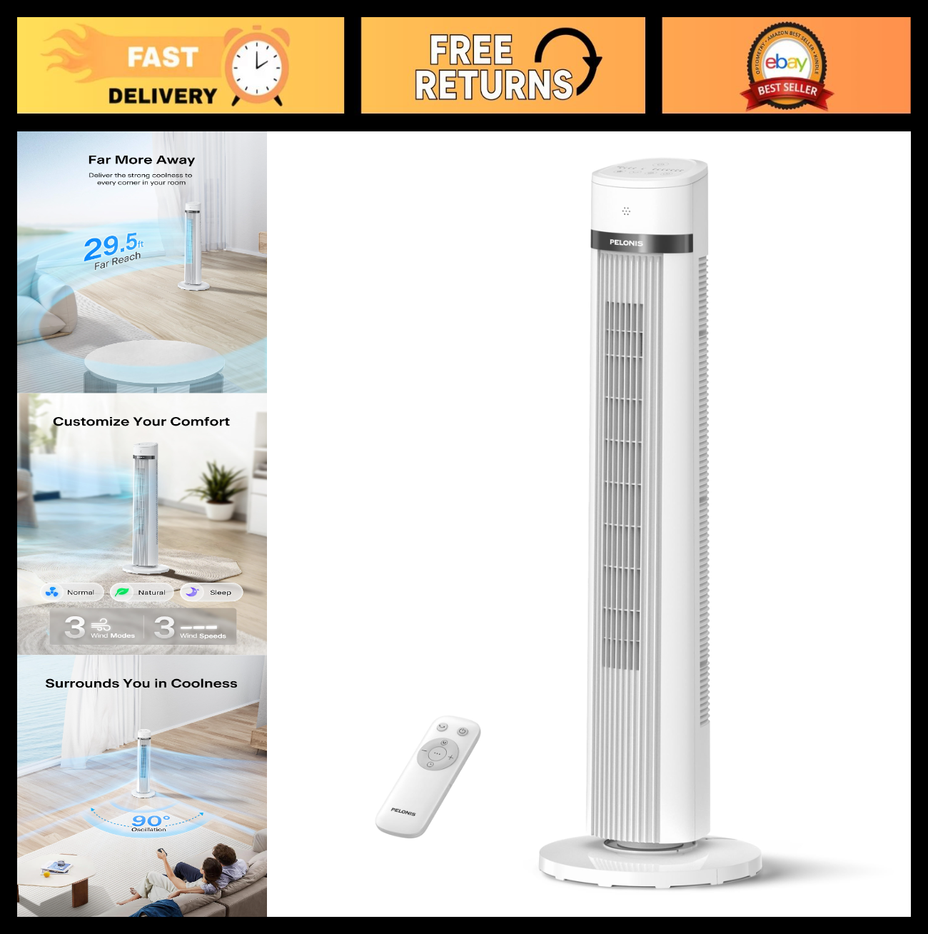 40" Oscillating Tower Fan with Remote   3 Speeds, 3 Modes, Quiet 27dB, Timer, LE0