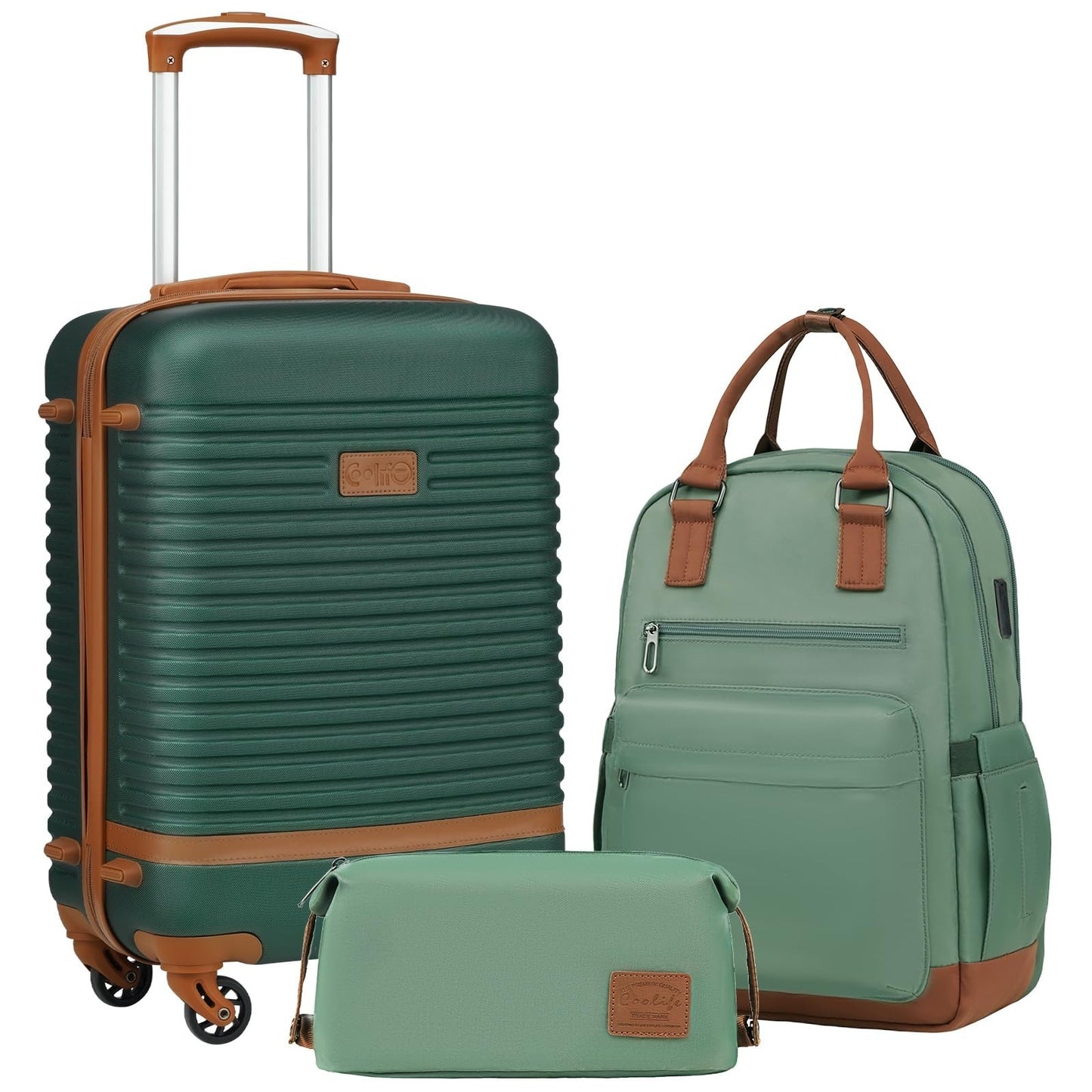3-Piece Dark Green Luggage Set - Carry-On Suitcase with 360° Spinner Wheels, USB1