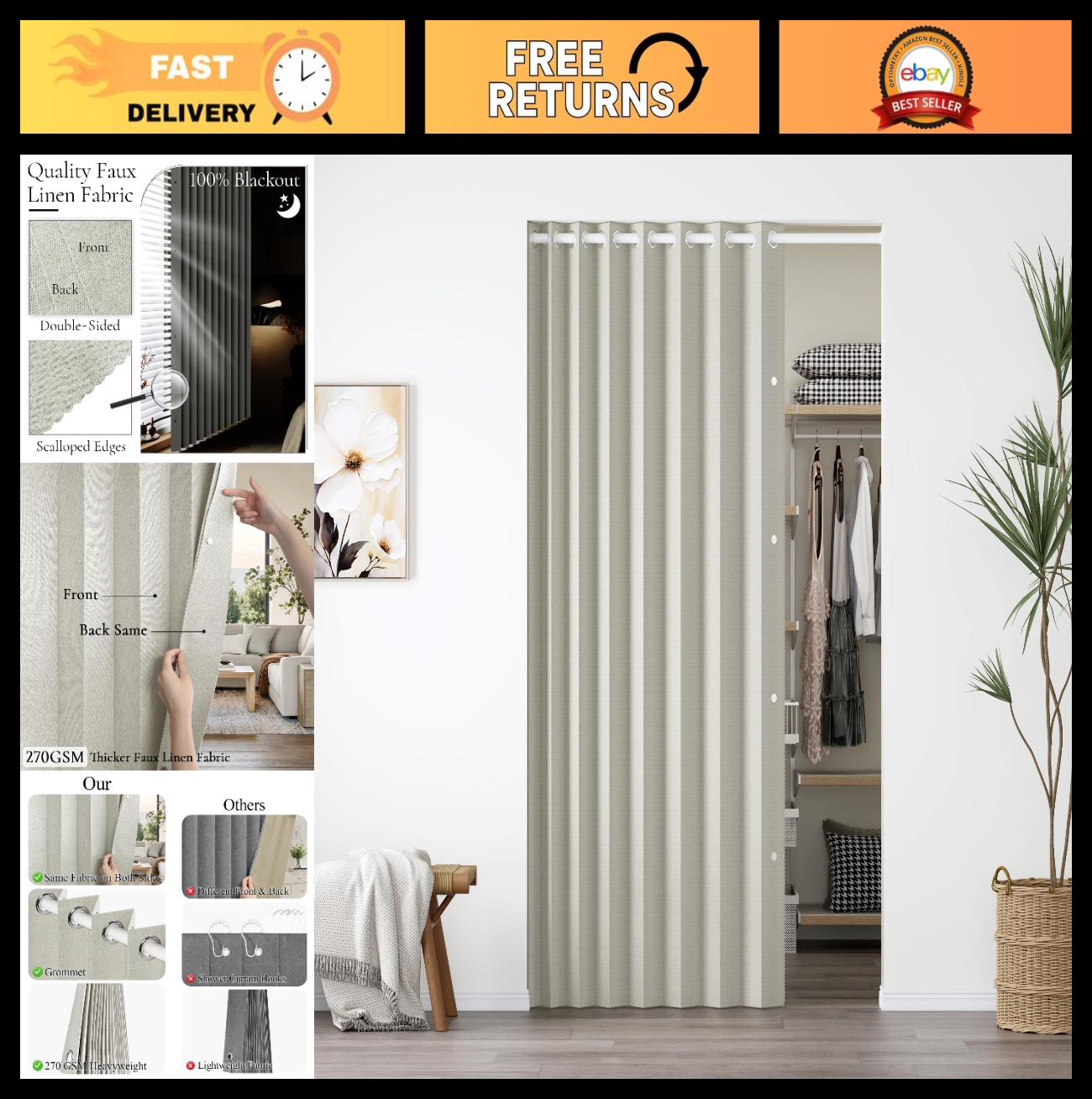 100% Blackout Magnetic Folding Door Curtain   Pleated Room Divider Drapes, 1 Pan0
