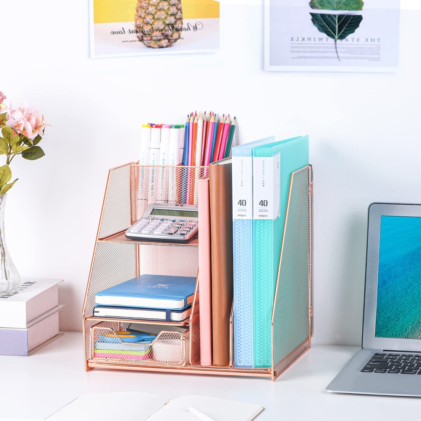 Rose Gold Desk Organizer Caddy with Sliding Drawer, Double Tray & Pen Holder   O2