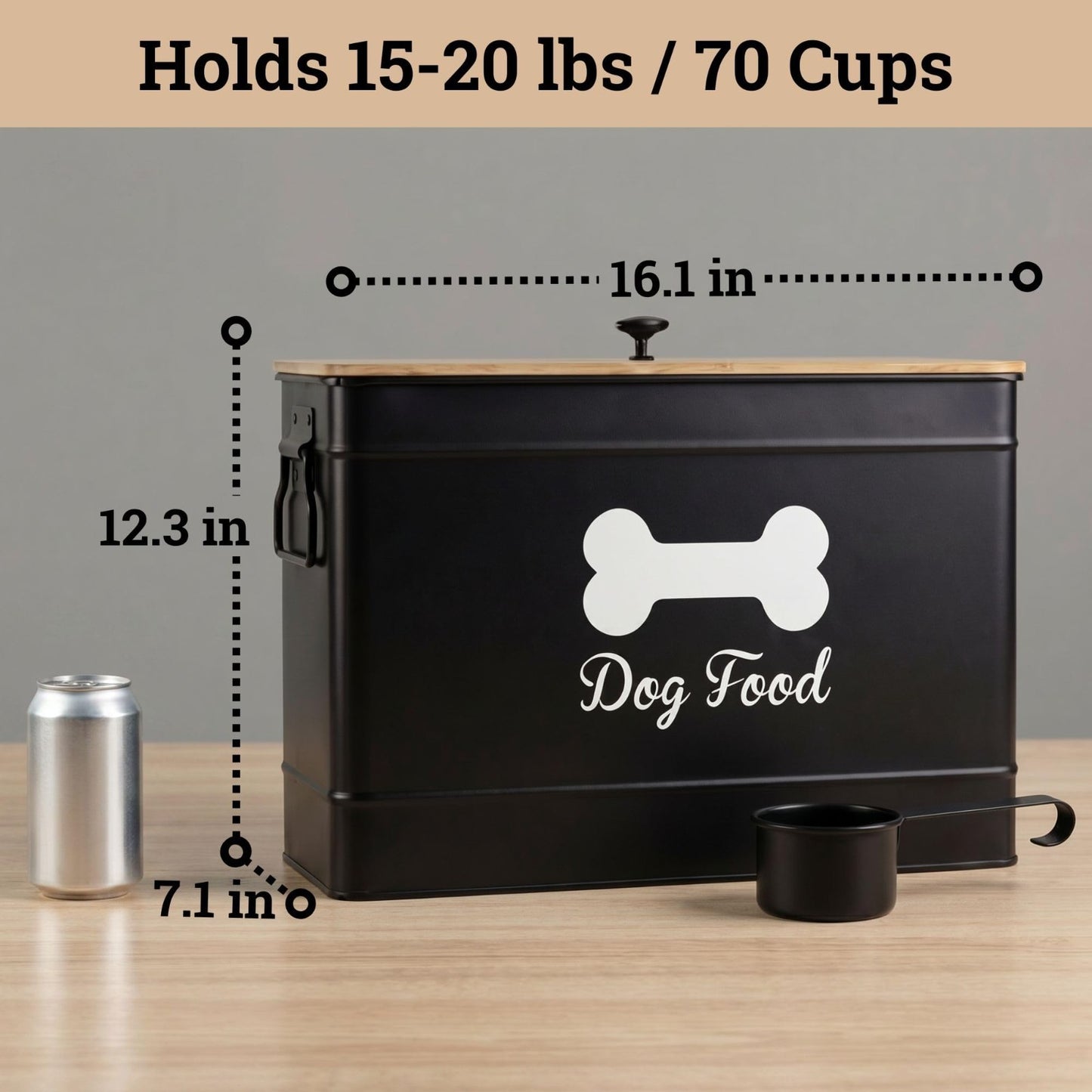 Airtight Metal Dog Food Storage Container, 15 20 lbs, 70 Cup Capacity, Bamboo Li2