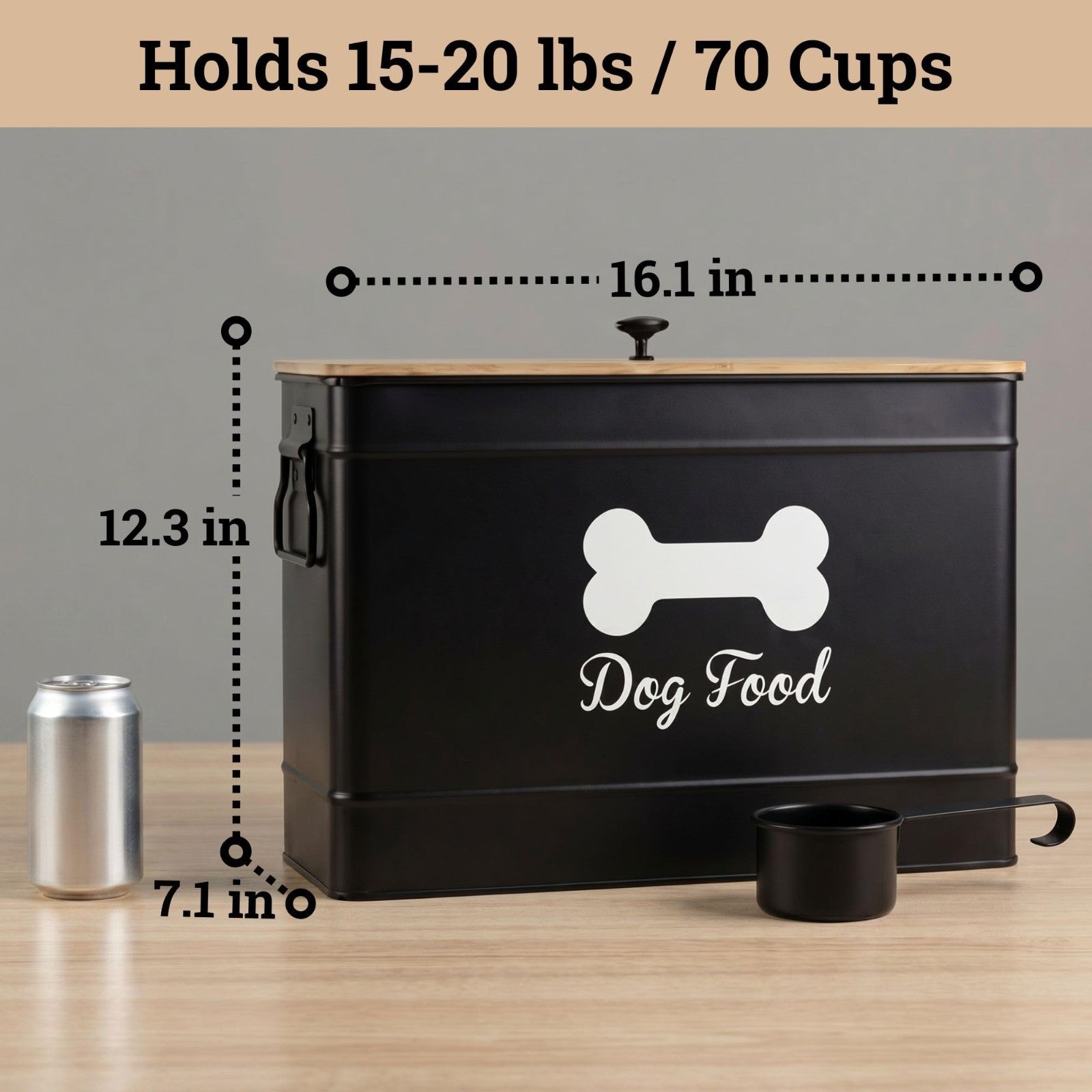 Airtight Metal Dog Food Storage Container, 15 20 lbs, 70 Cup Capacity, Bamboo Li2