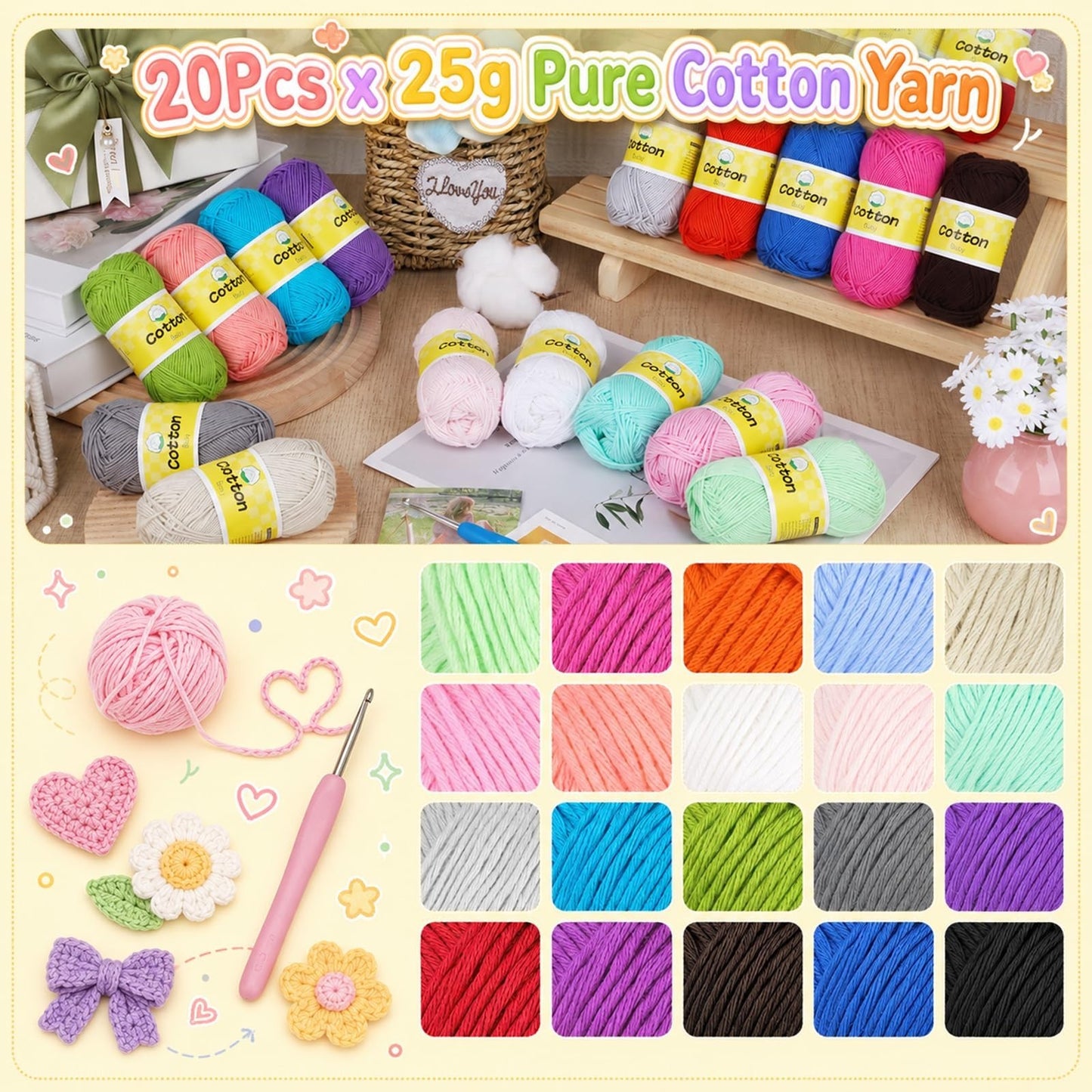 100% Cotton Mini Crochet Yarn - 20 Pack, Soft Baby Yarn Set, #2 Sport Weight, 904