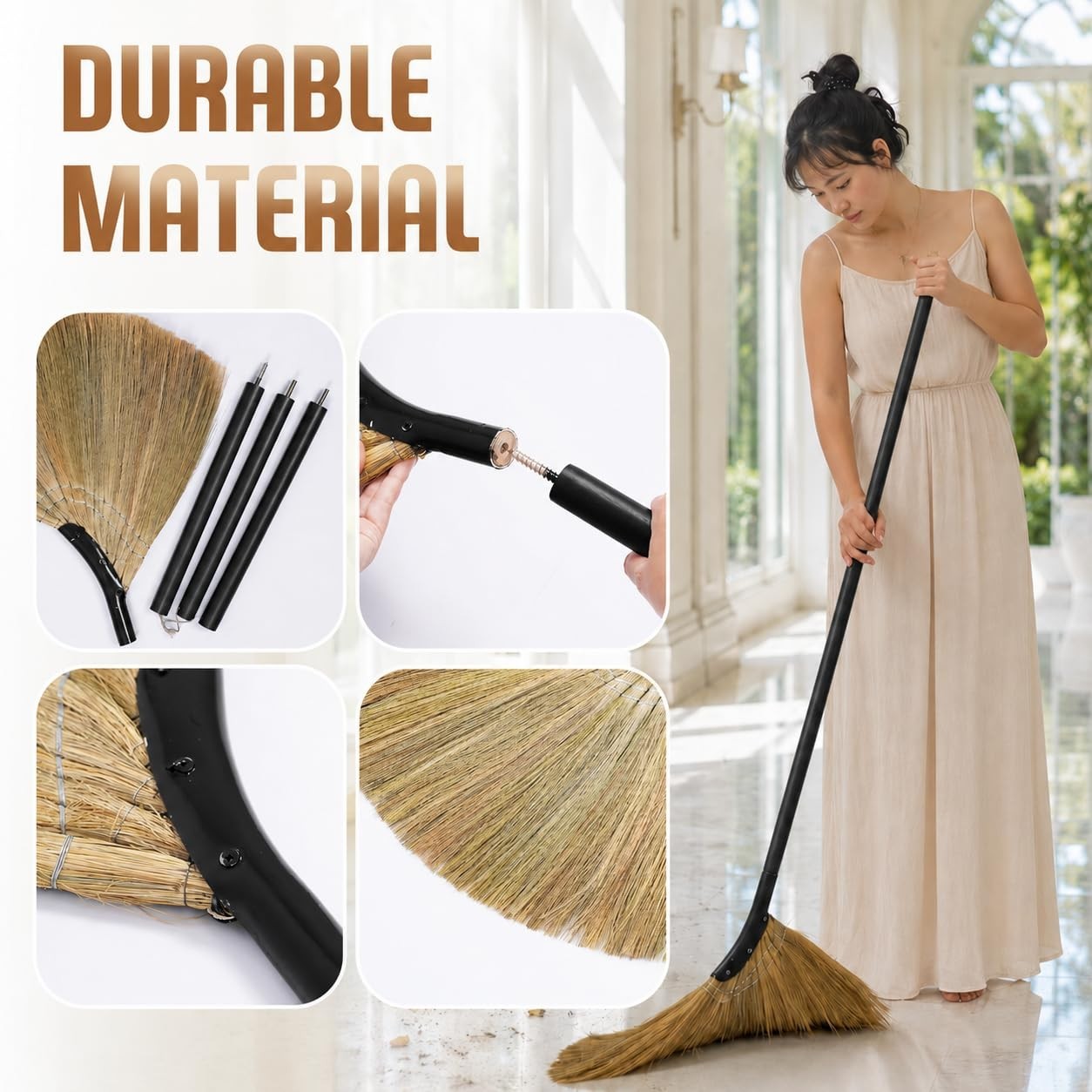 Soft Vietnamese Straw Broom - 56.69" Long Handle Indoor/Outdoor Sweeping Tool fo3