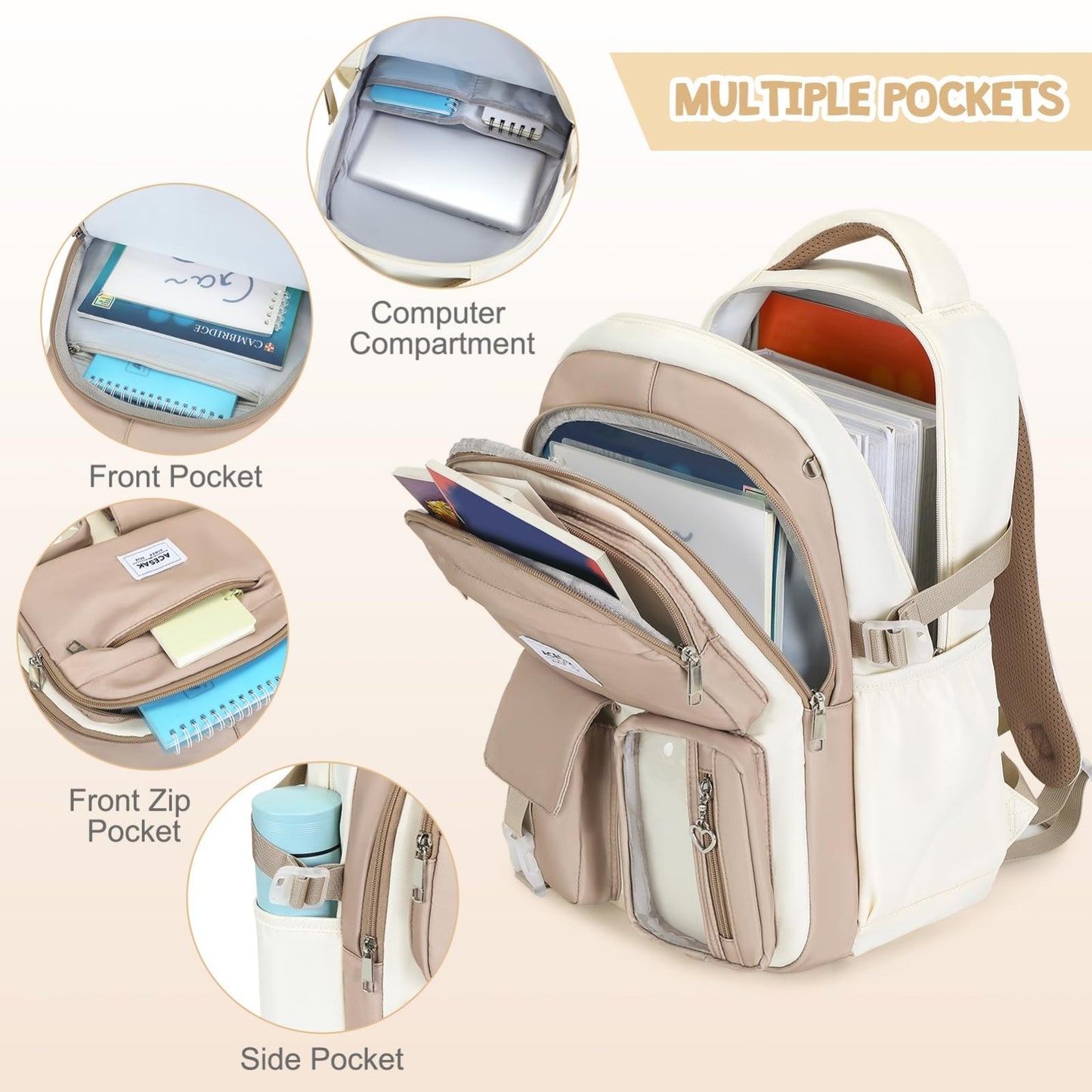 Stylish Girls Backpack with Lunch Bag & Pencil Pouch   Teen Laptop Bookbag, Khak3