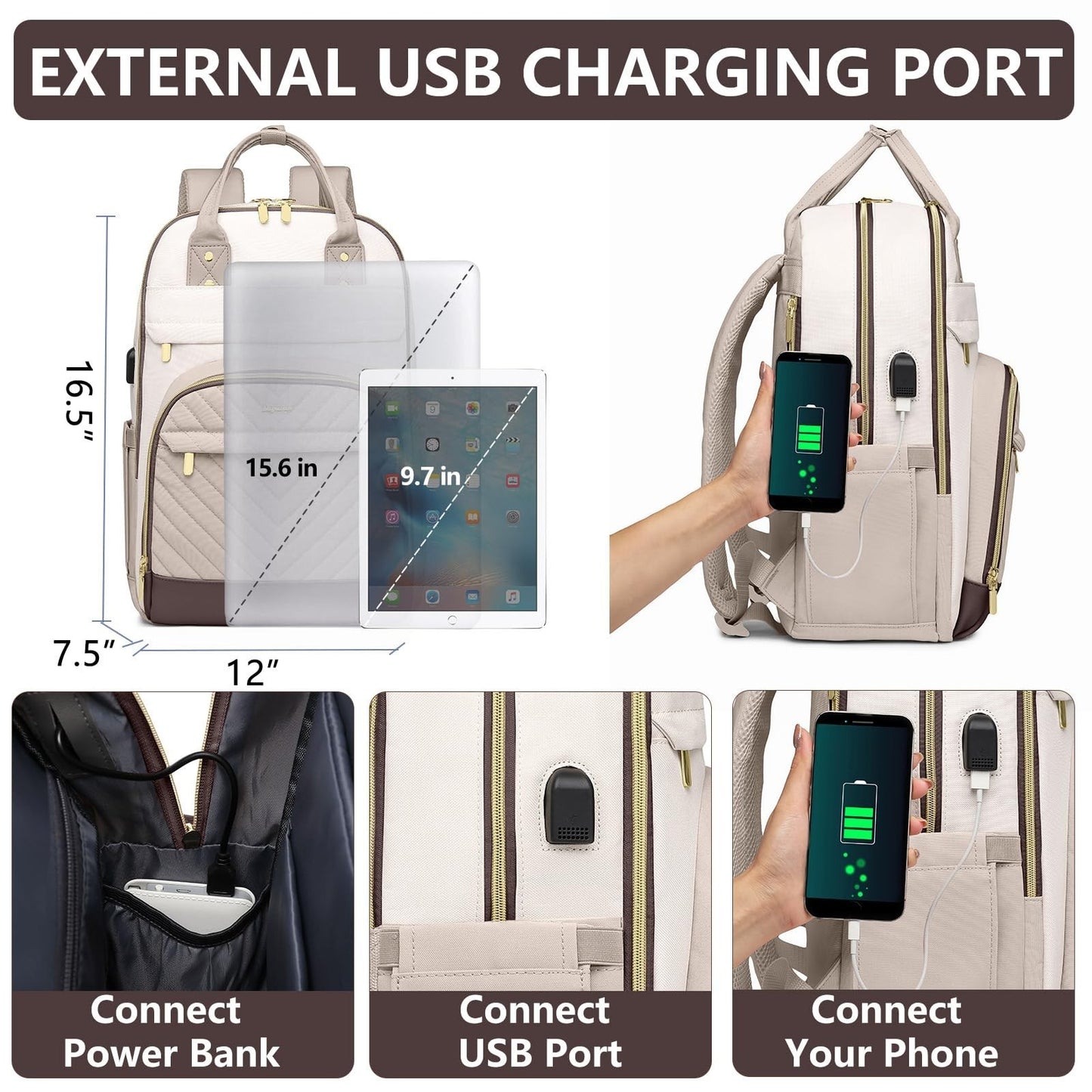 Stylish 15.6" Laptop Backpack for Women   Waterproof Travel Bag with USB Charger3