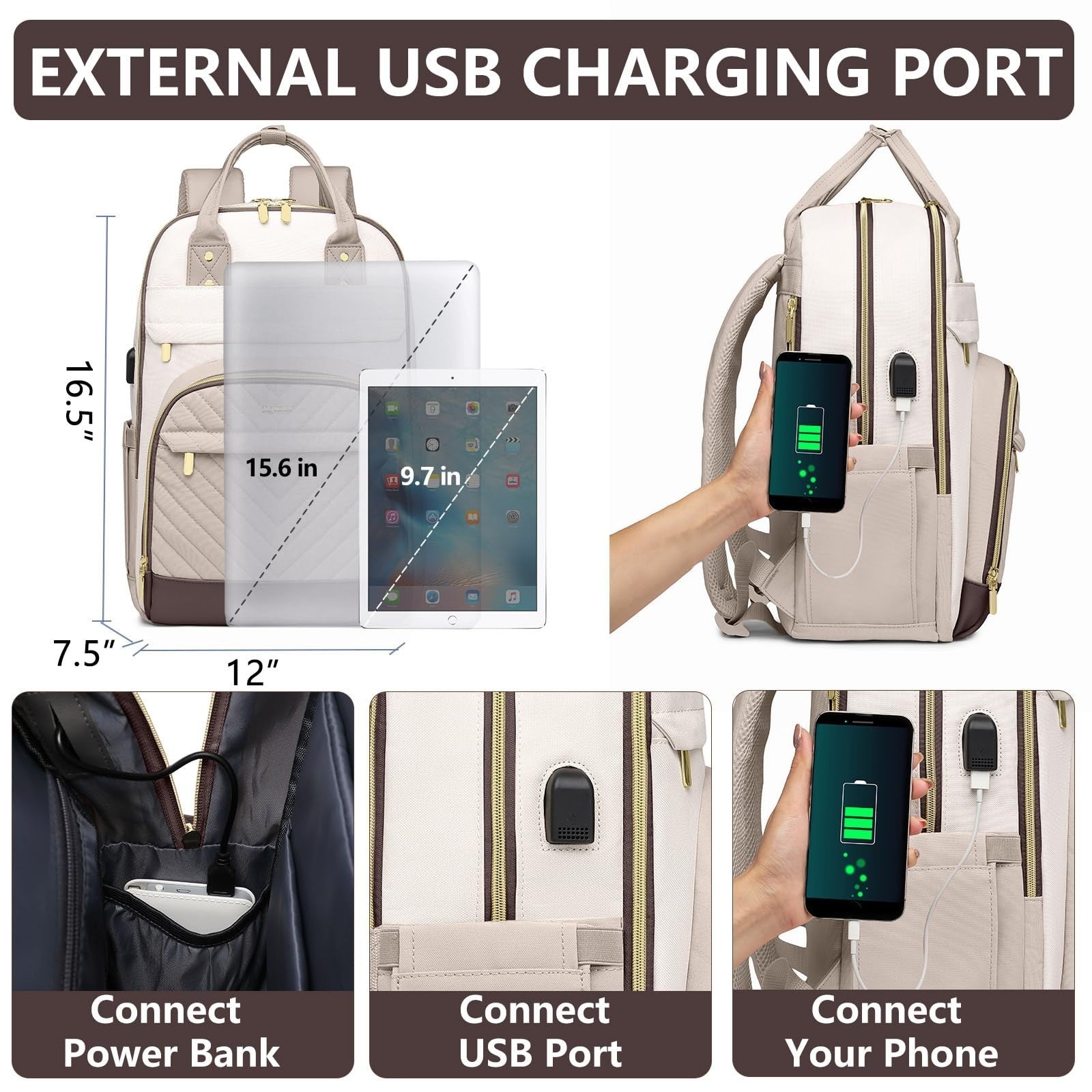 Stylish 15.6" Laptop Backpack for Women   Waterproof Travel Bag with USB Charger3