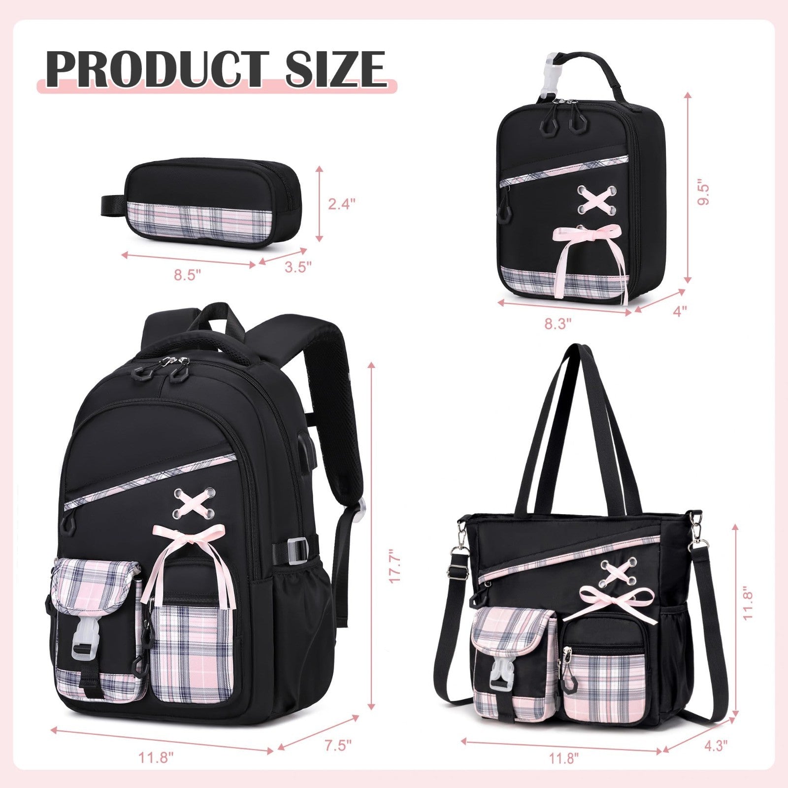 4PCS Girls Backpack Set with Tote Bag, Lunch Bag & Pencil Pouch   Stylish & Func1