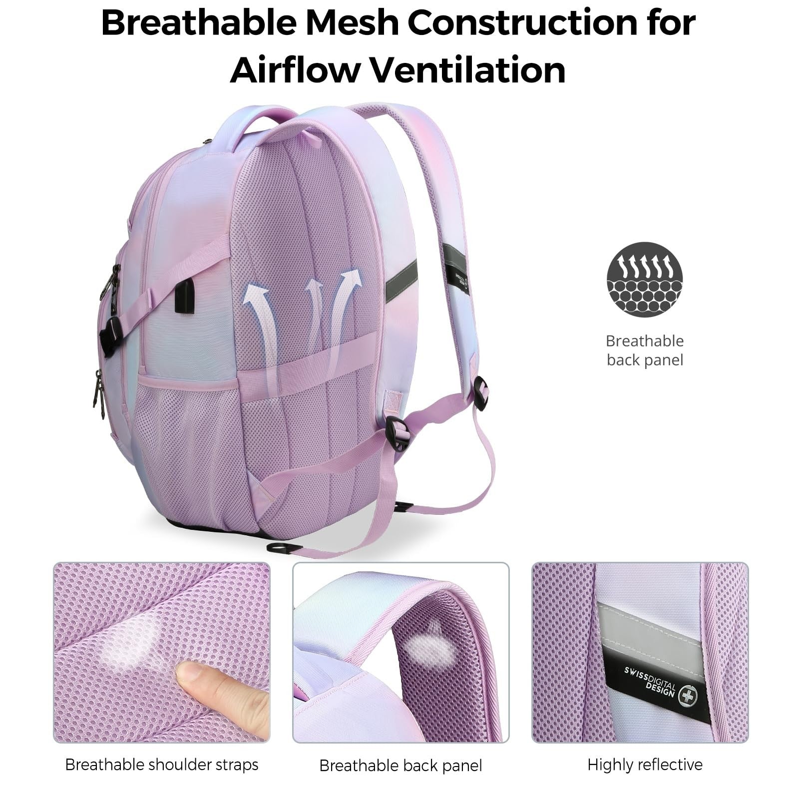Stylish Pink Purple Laptop Backpack, Travel Bag with Multiple Compartments, Dura6
