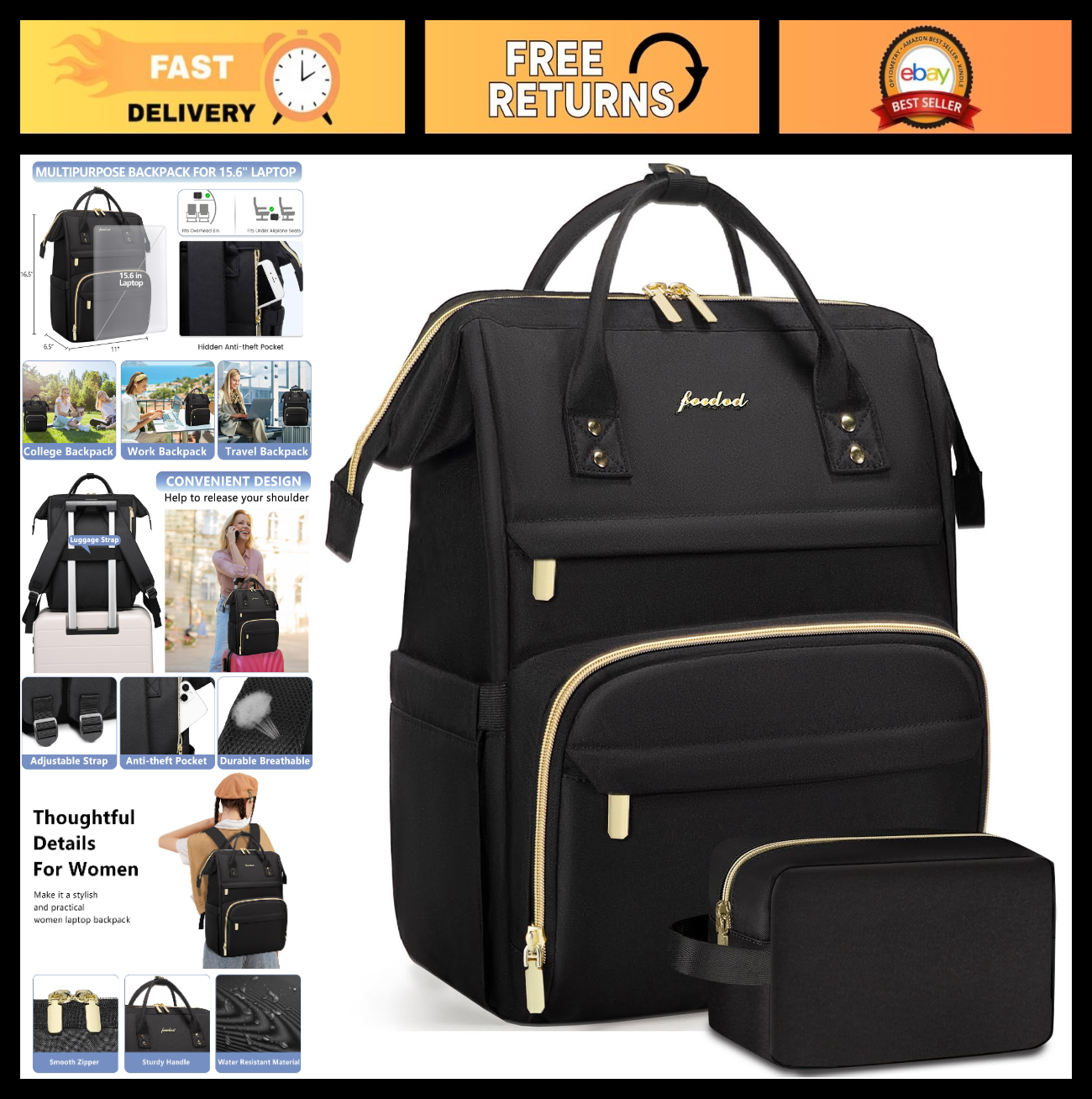 Waterproof 15.6" Laptop Backpack for Women   Business, College, Travel, Casual D0