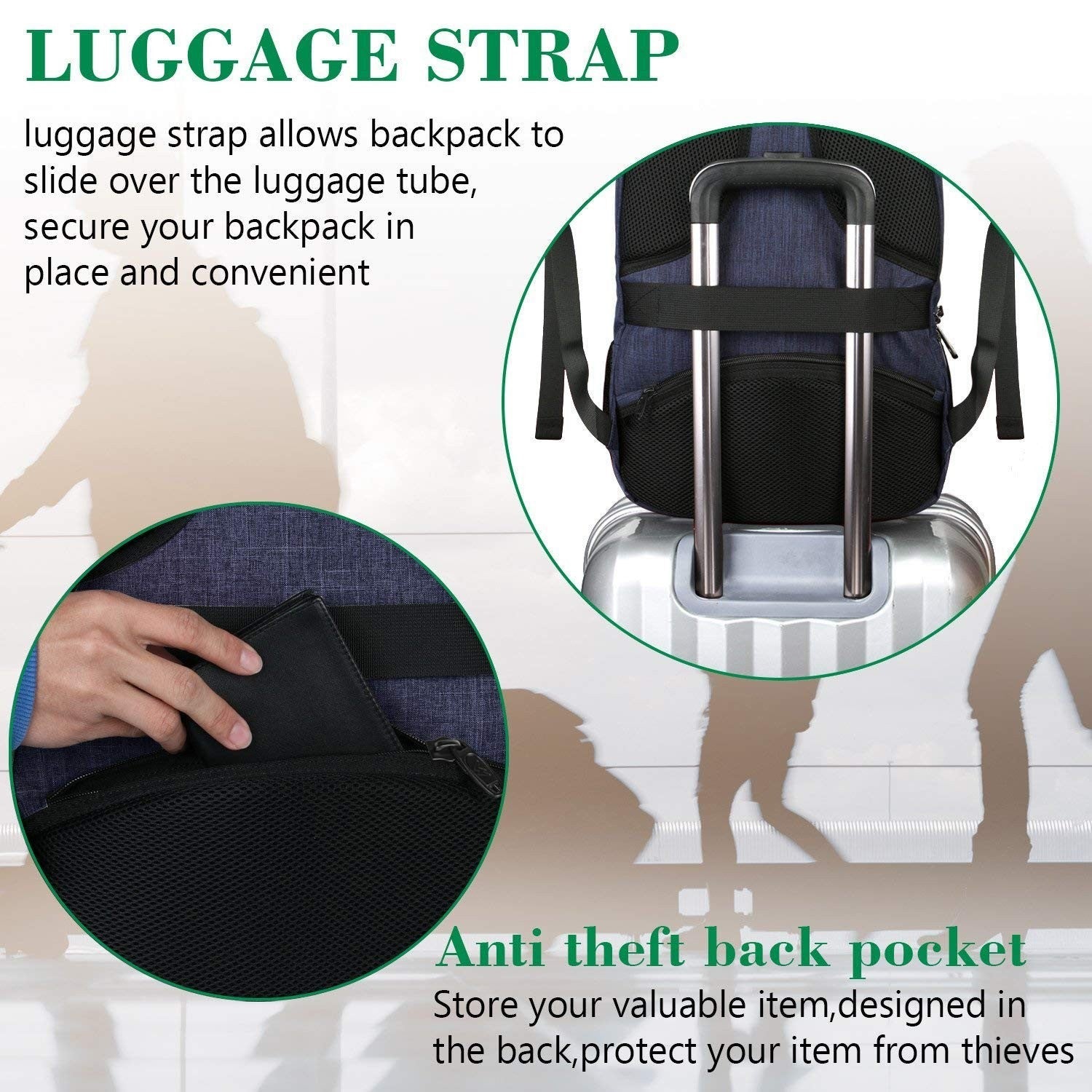 Slim Blue Laptop Backpack for Travel, Lightweight with Laptop Compartment & Pock3