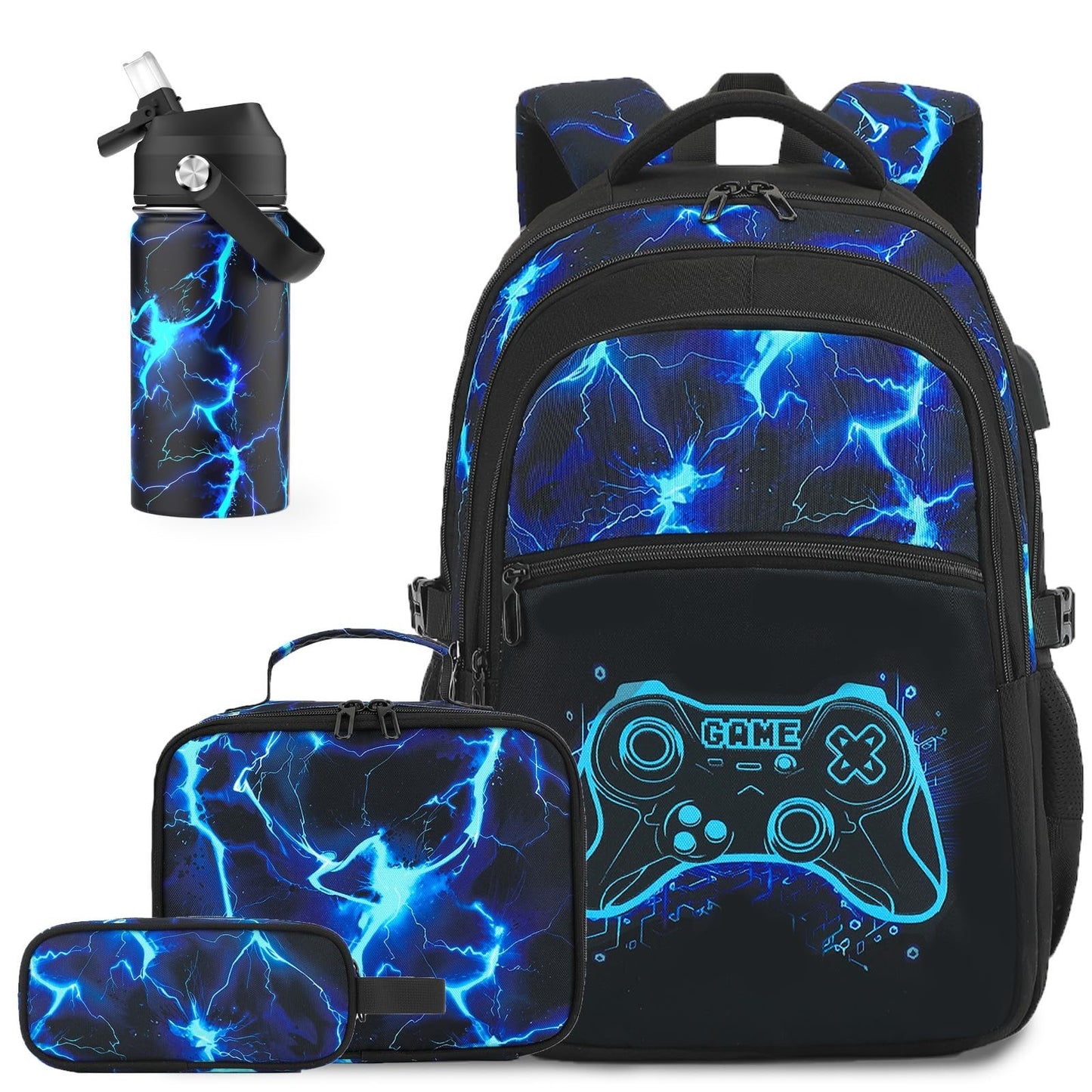 Cool Luminous Gamer Backpack for Boys, 6PCS Set with Insulated Water Bottle, Lun1