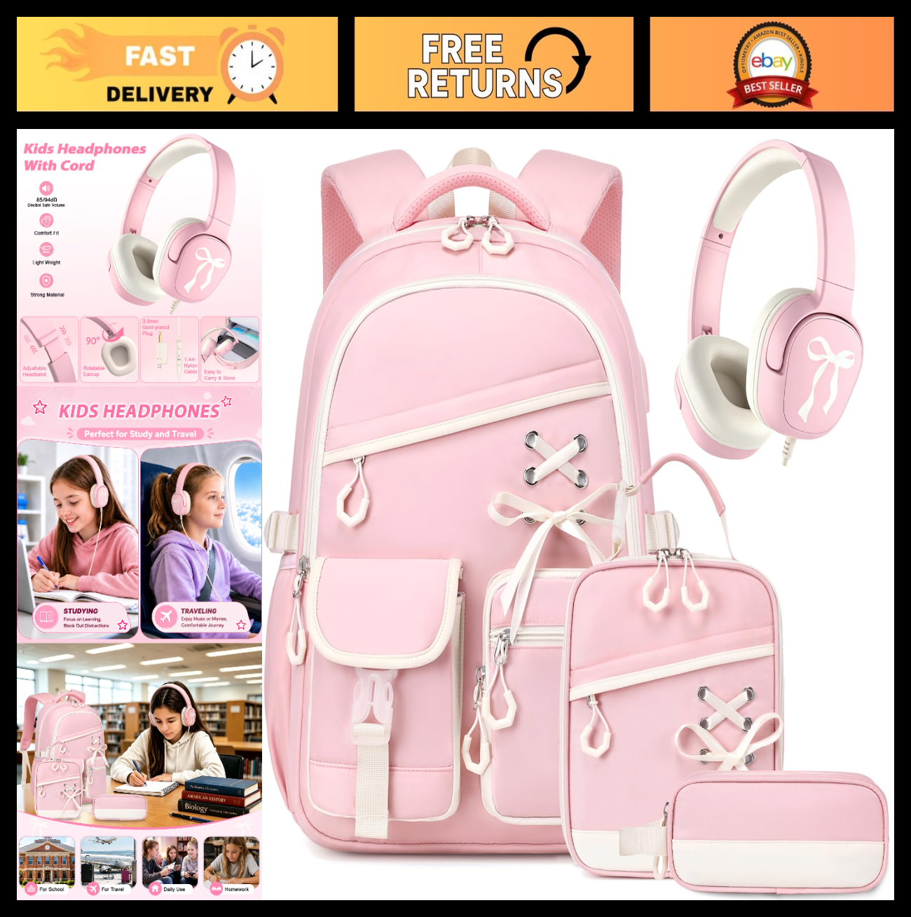 Stylish Girls Backpack with Wired Headphones, School Bag for Teens & Kids0