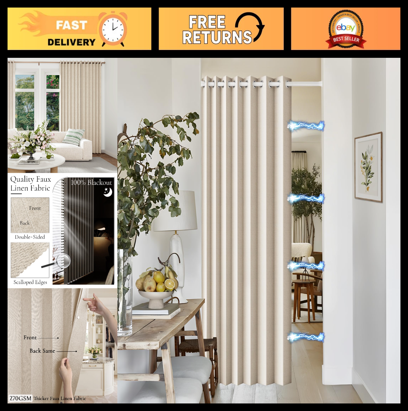 96 Inch Faux Linen Blackout Curtains, Thermal Insulated Drapes, Pinch Pleated, W0