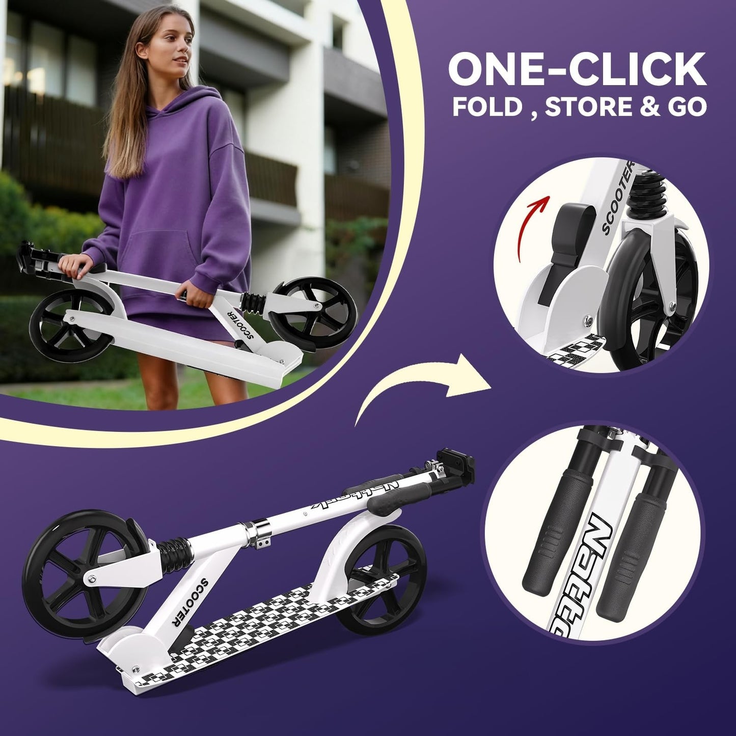 Kick Scooter for Kids & Adults, Adjustable Height, Foldable, 240 LBS Max Load, 85