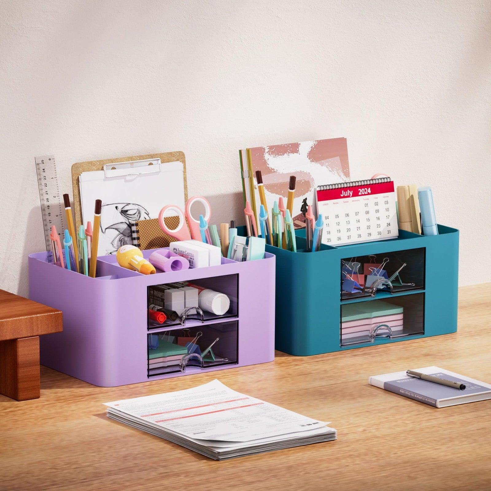 Multi Functional Desk Organizer with 2 Drawers, 5 Compartments, Pencil Holder  4
