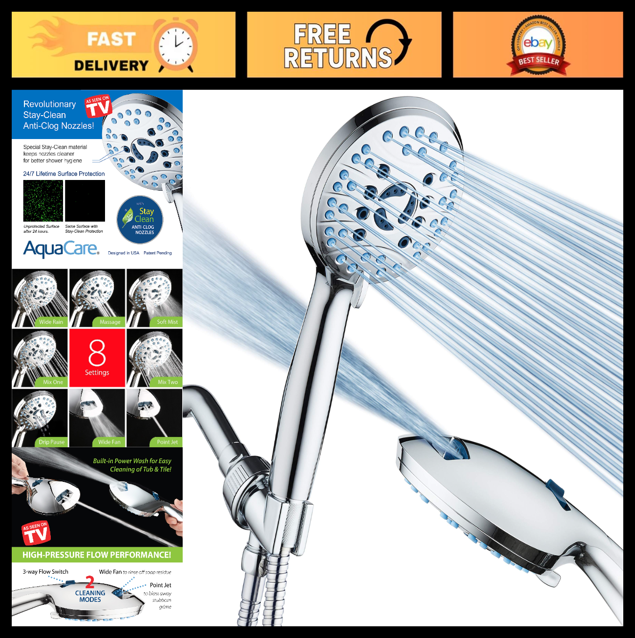 High Pressure 8 Mode Handheld Shower Head | Power Wash, Stay Clean Nozzles, 6ft0