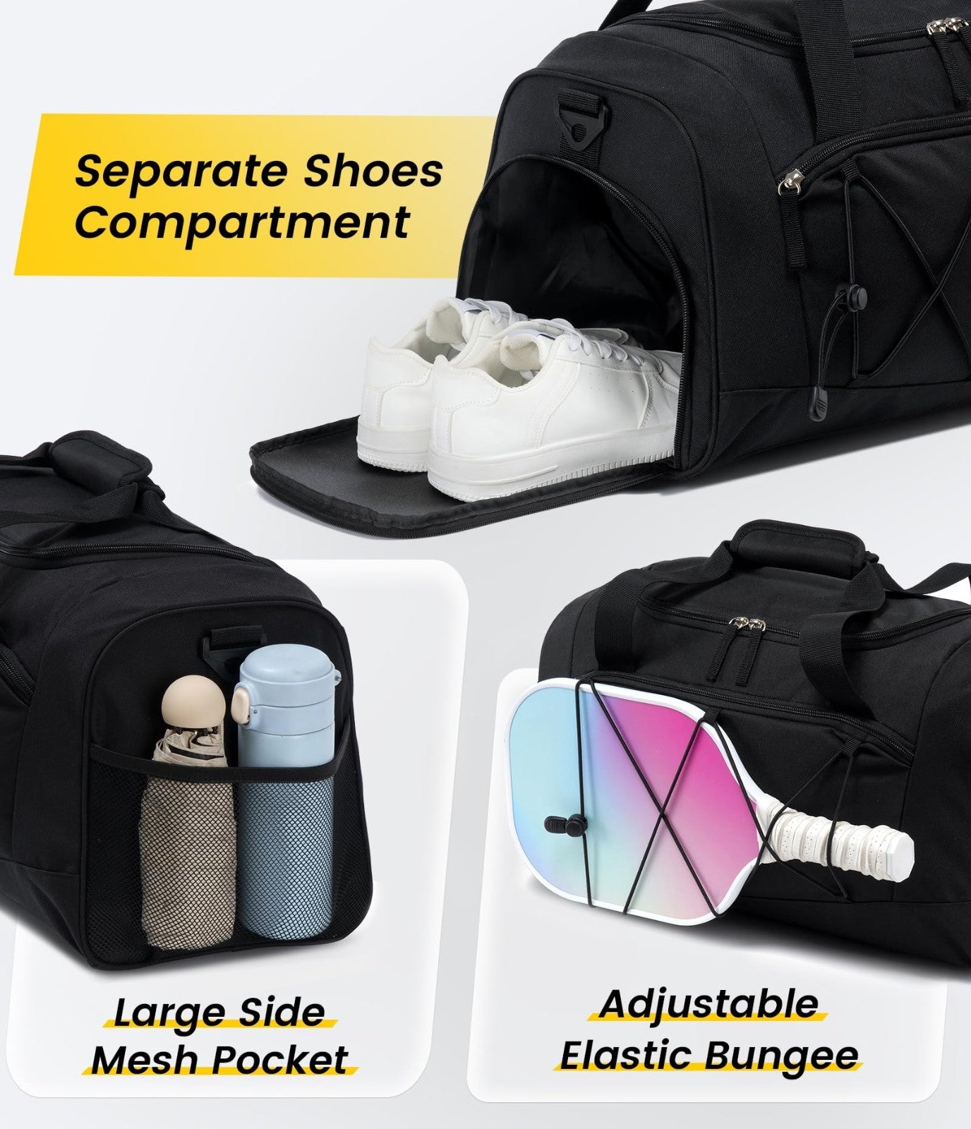 18" Structured Gym Bag with Shoe Compartment, Waterproof Sports Tote, Black3