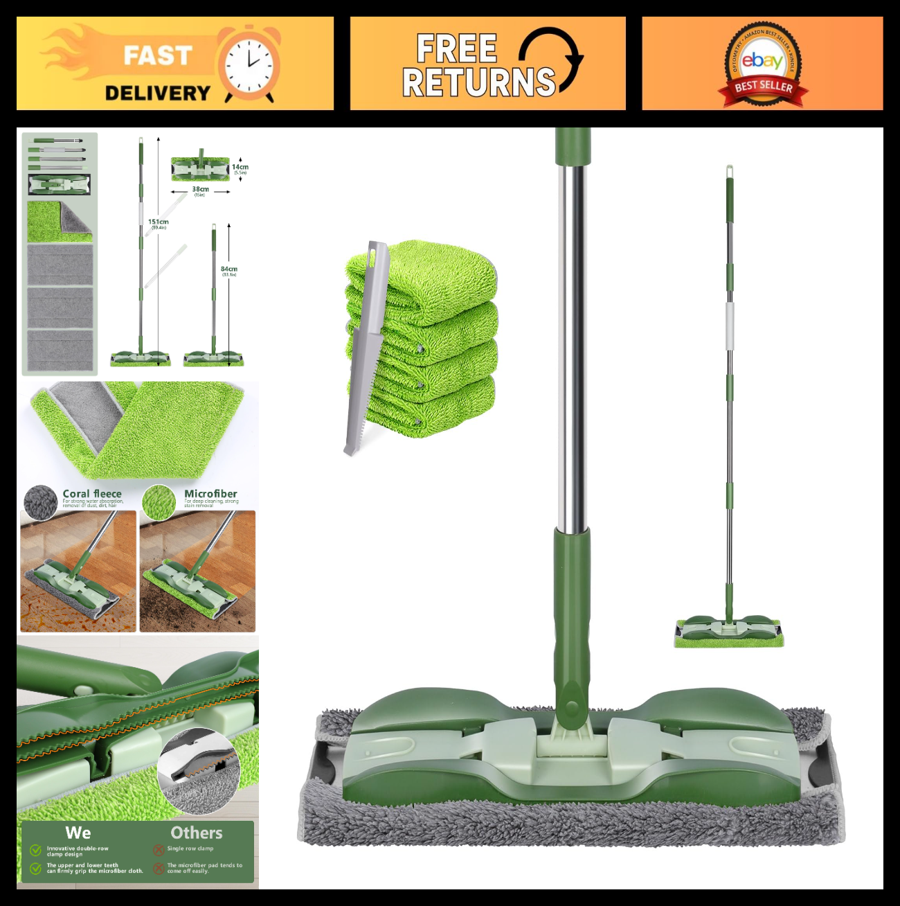 Professional Microfiber Floor Mops - 4 Washable Pads, 59" Stainless Steel Handle0