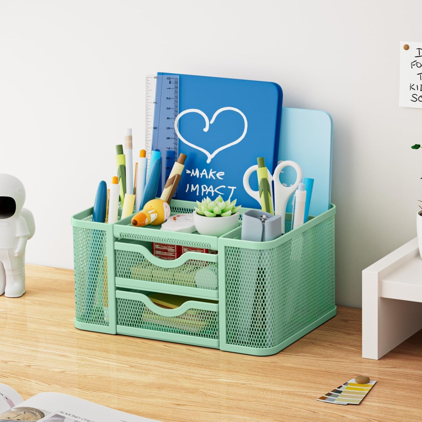 Multi Functional Mesh Desk Organizer with 2 Drawers, 5 Compartments, Green Penci4