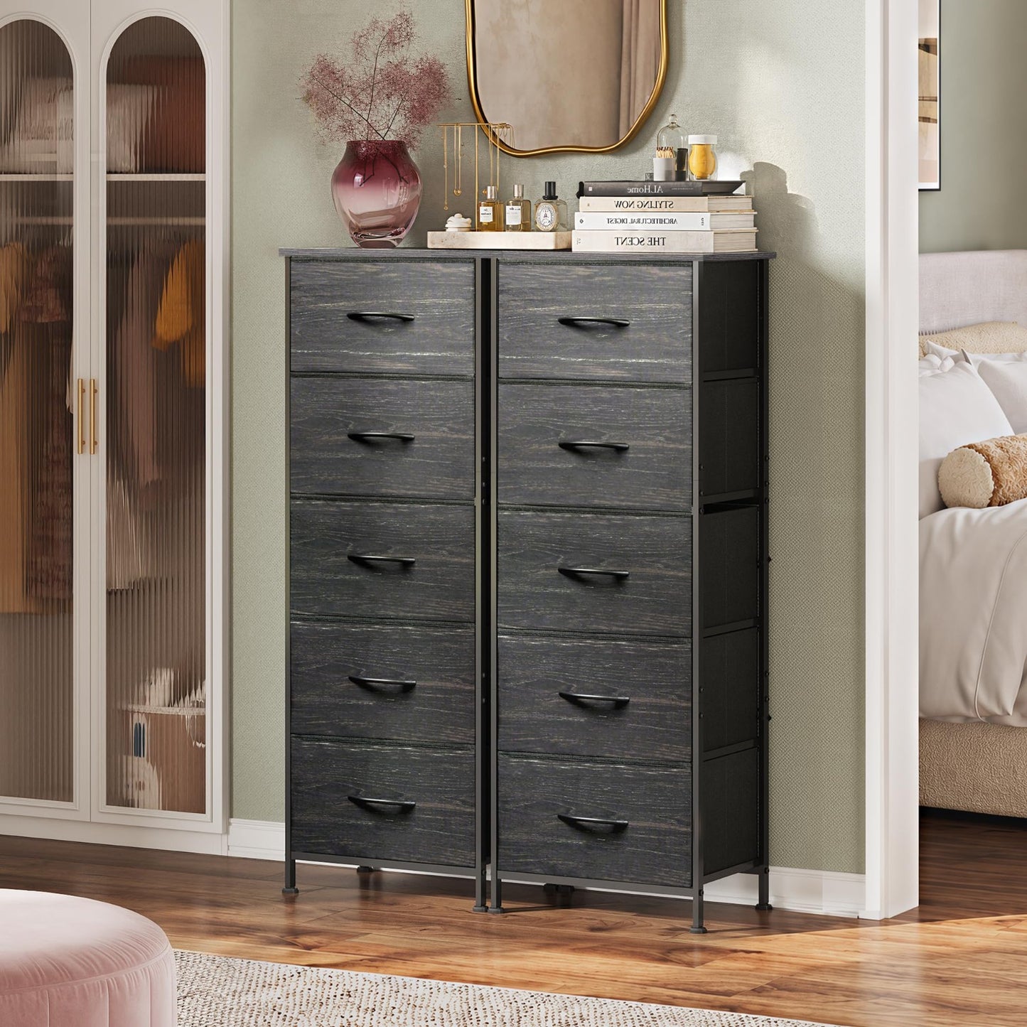 5-Drawer Tall Dresser Chest, Vertical Fabric Drawers, Black Wood Grain, Space-Sa4