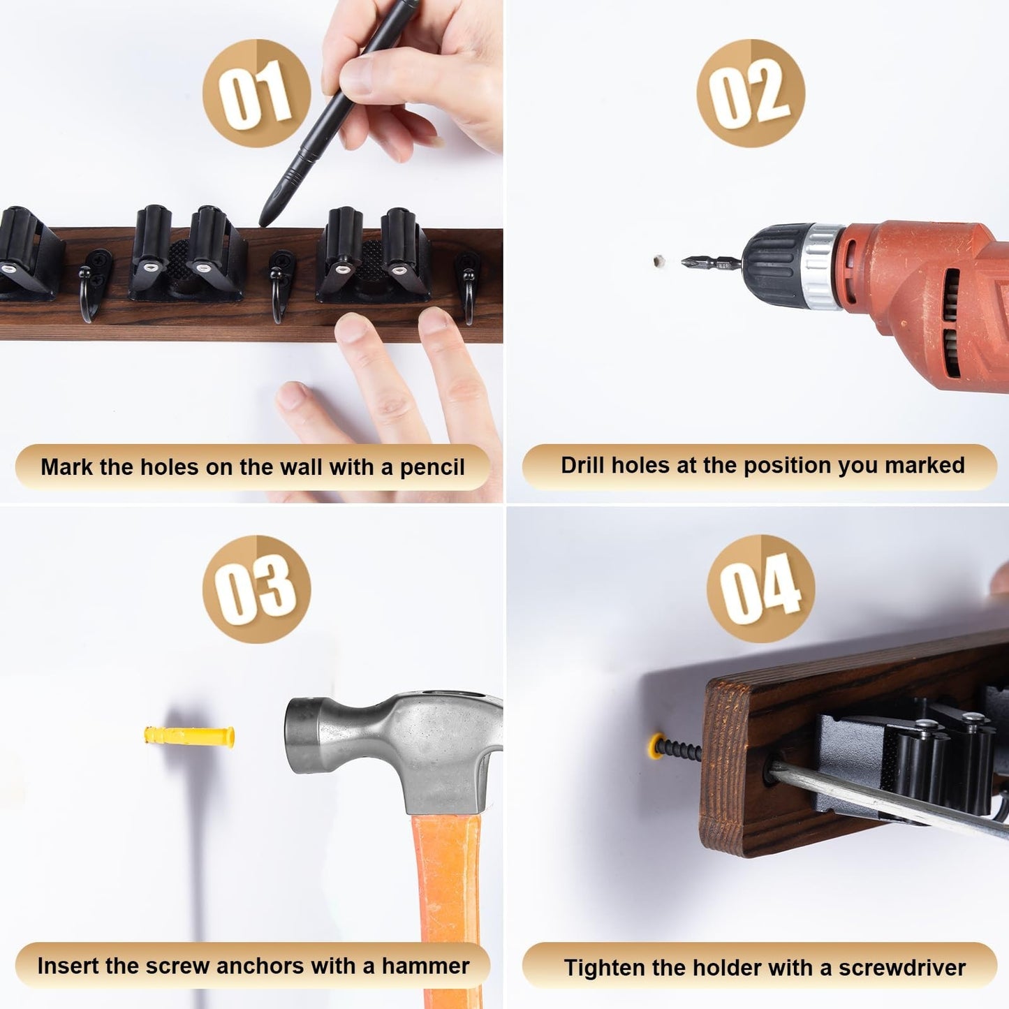 Wall Mounted Broom Holder with 5 Slots & 4 Hooks - Rustic Wood Tool Organizer Ra6