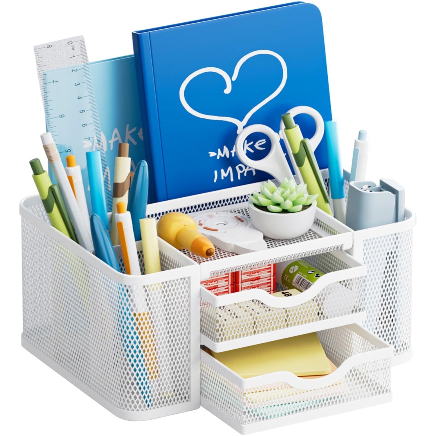 Multi Functional Mesh Desk Organizer with 2 Drawers, 5 Compartments, White Penci0