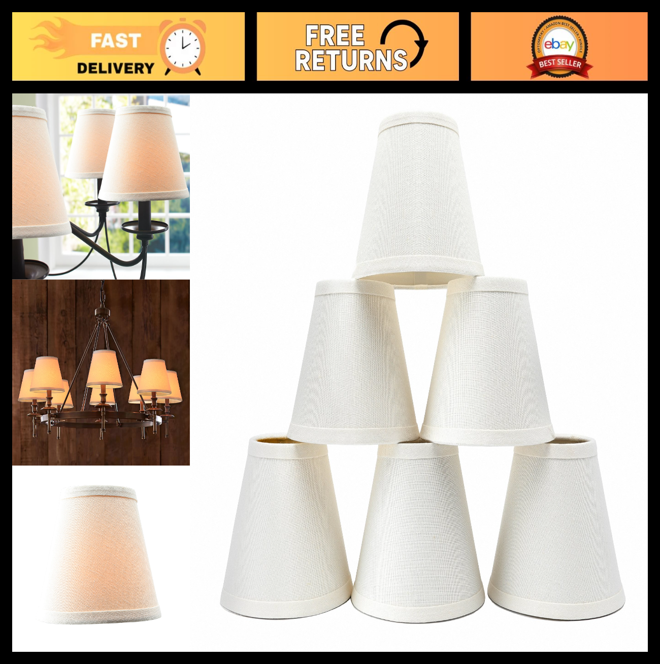 Set of 6 Clip-On White Linen Lamp Shades for Chandelier, 3" x 6" x 50