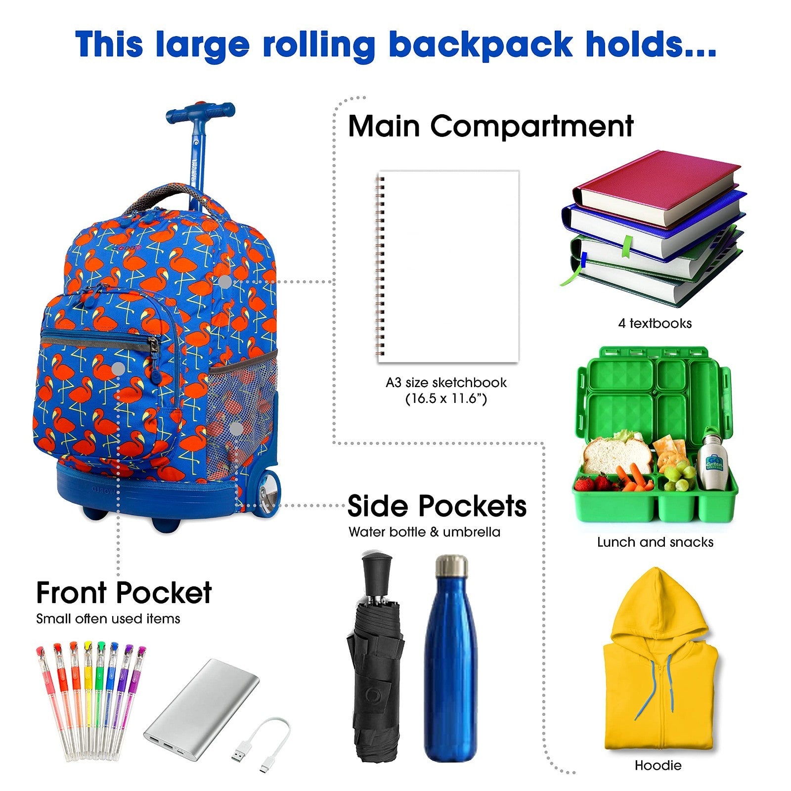 Kids Rolling Backpack with Wheels, 18" Bookbag for School, Flamingo Design, Unis3