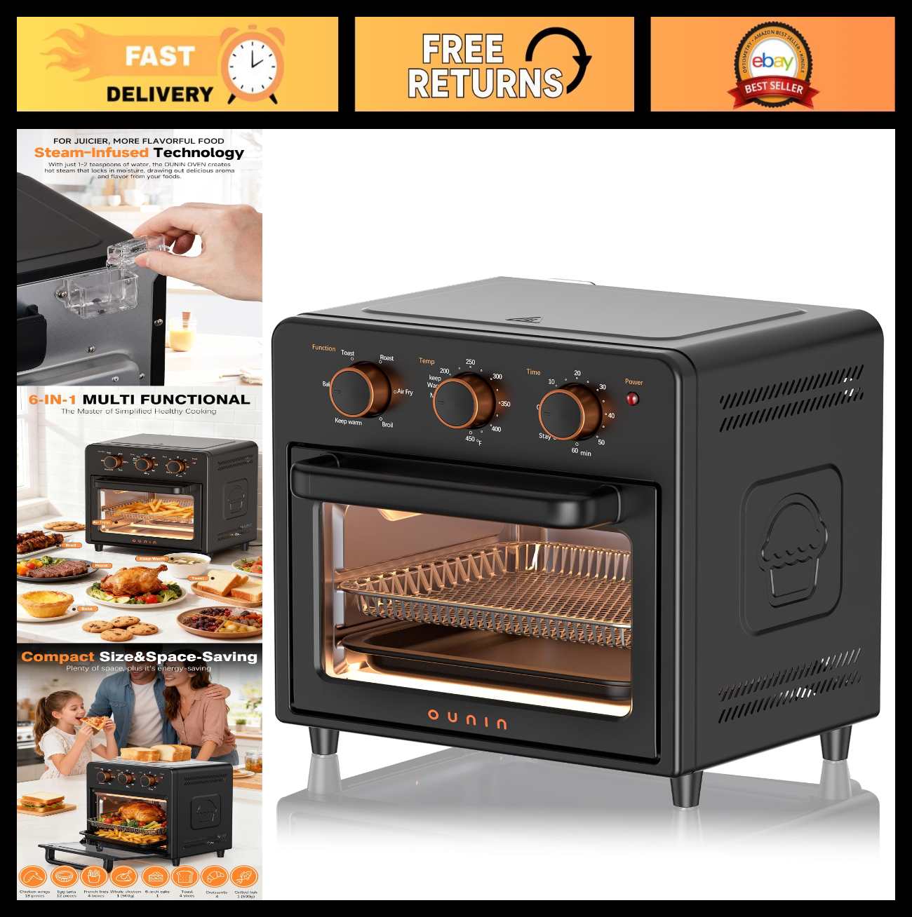 Compact 12QT Air Fryer Toaster Oven - 6-in-1 Multi-Cooker, Stainless Steel, Fast0