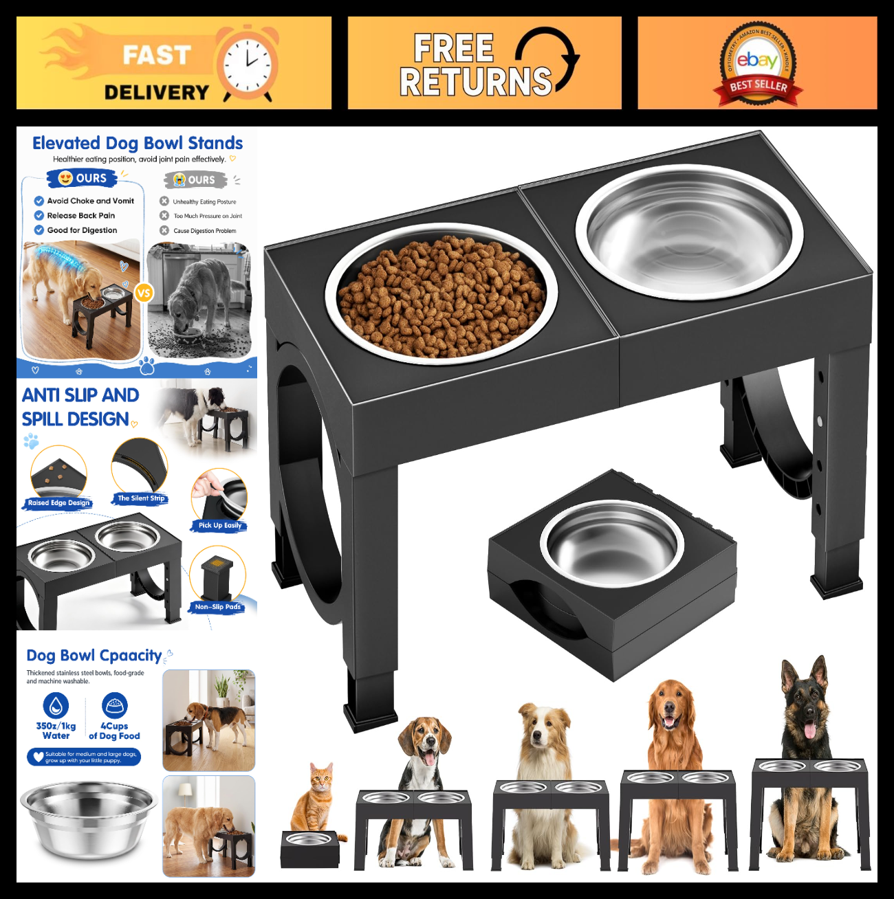 Elevated Dog Bowls for Large Breeds   Adjustable Stainless Steel Feeder Stand 9 0