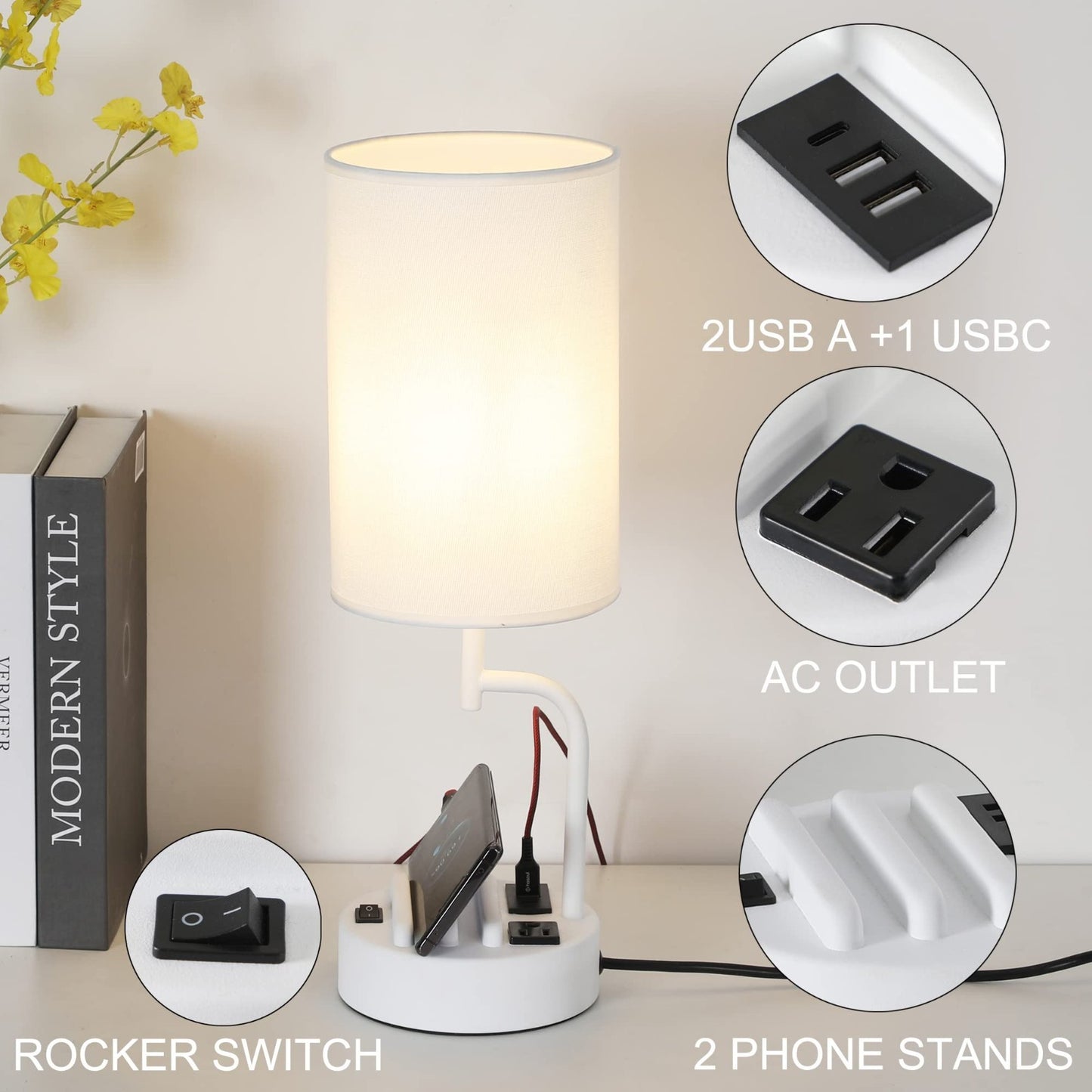 Modern Table Lamp with 3 USB Charging Ports & AC Outlet, Bedside Desk Light (2 P2