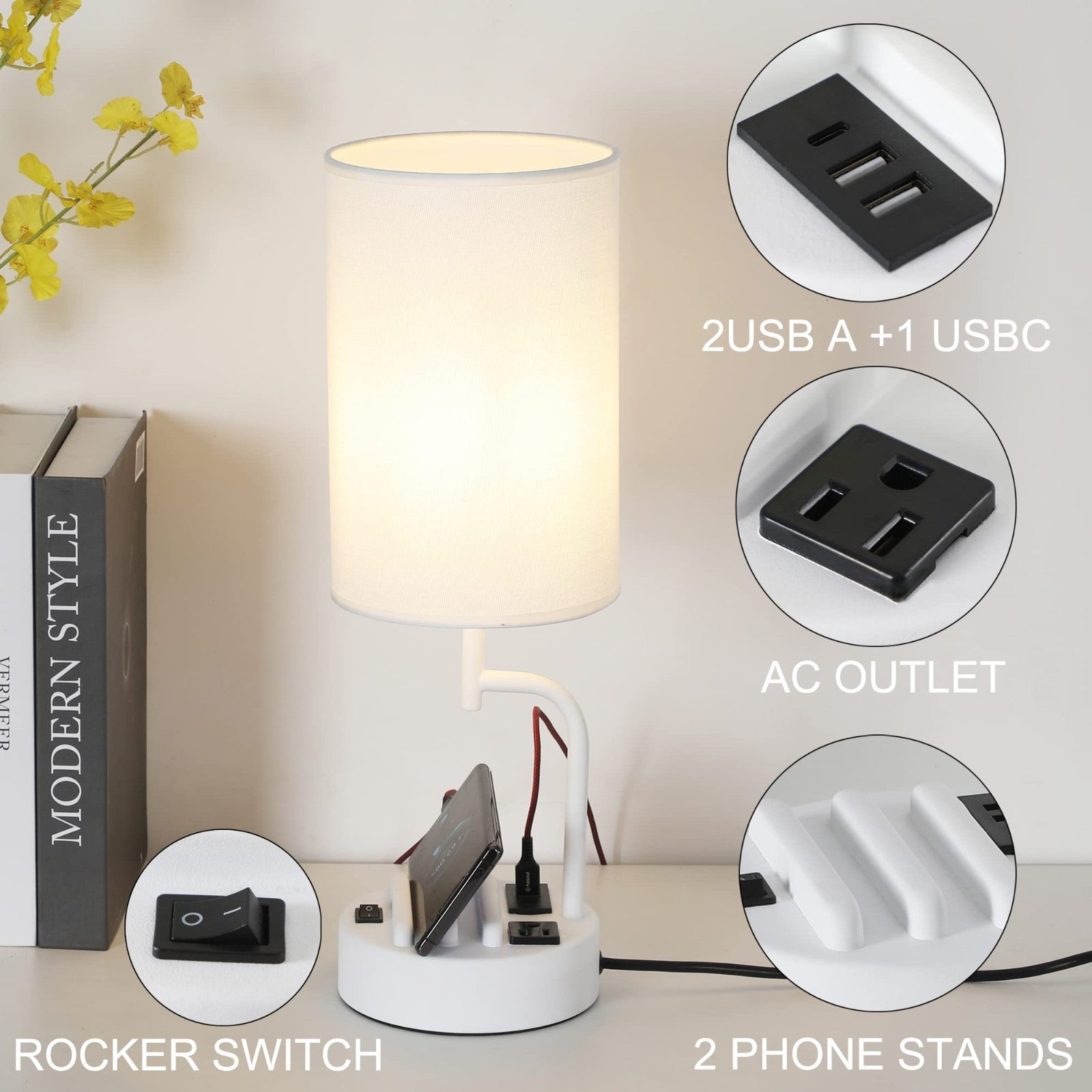 Modern Table Lamp with 3 USB Charging Ports & AC Outlet, Bedside Desk Light (2 P2