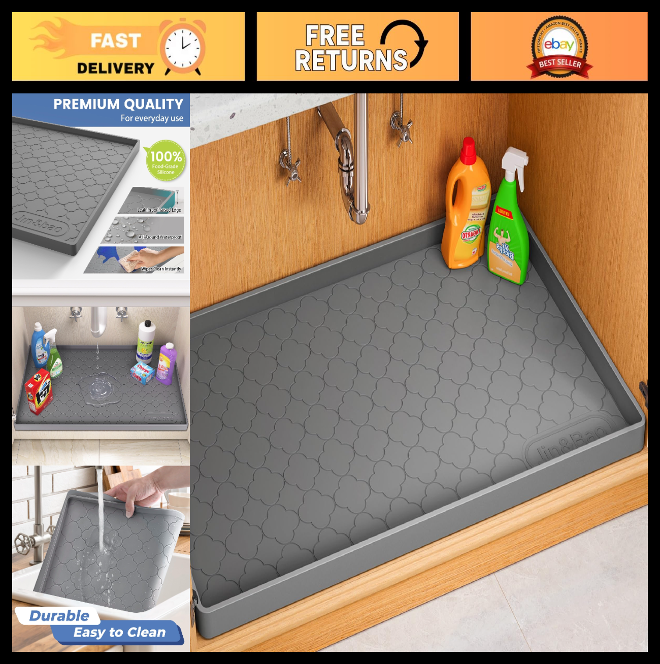 Waterproof Silicone Under Sink Mat 34"x22" | Kitchen Cabinet Liner, Anti Slip, E0