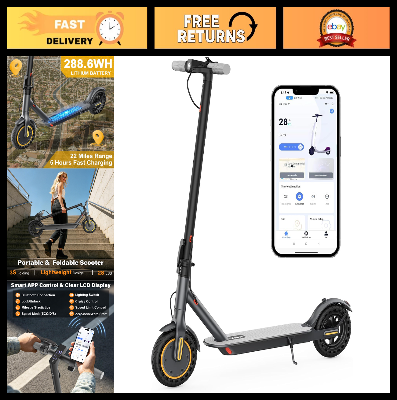 Electric Scooter 8.5''/10'' - 19/20MPH, 700/1000W Motor, 15/22 Mile Range, Porta0