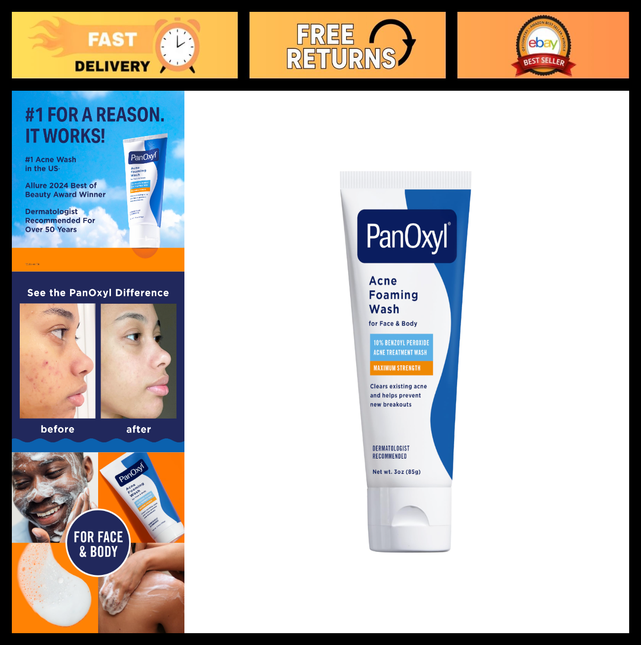 Acne Foaming Wash 10% Benzoyl Peroxide - Face & Body Treatment 3 oz0