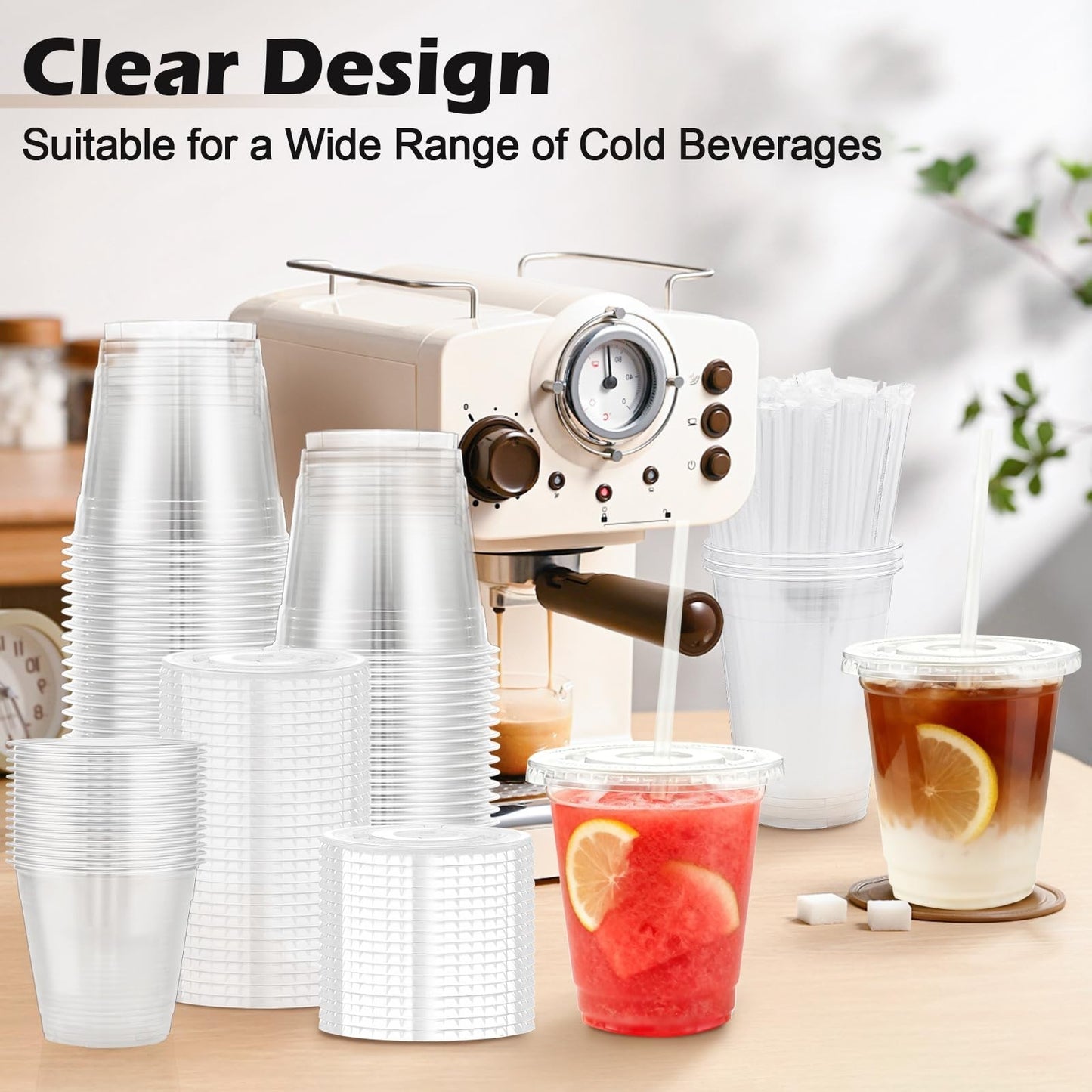 100 Pack 12 oz Clear Plastic Cups with Lids & Straws | Disposable Cold Drink Cup5