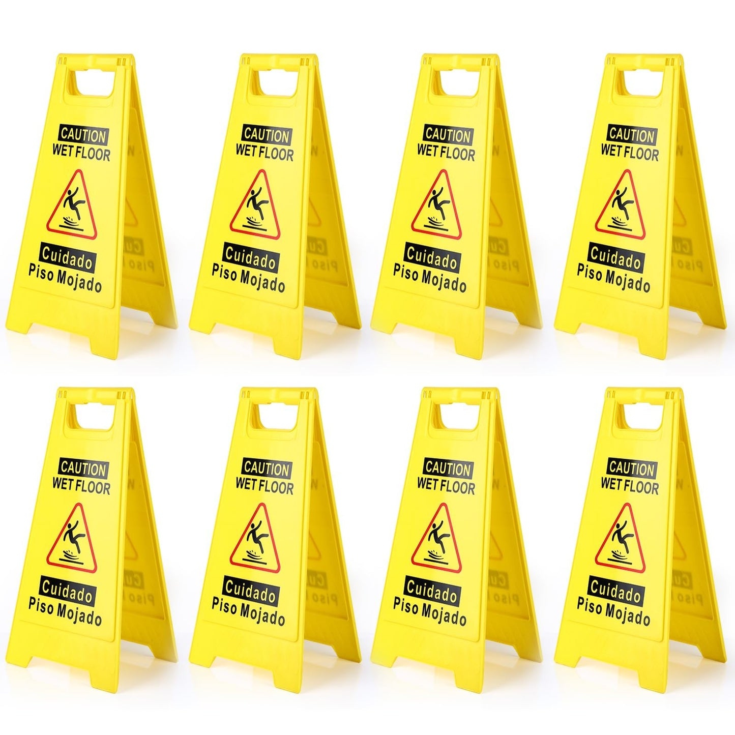8 Pack Wet Floor Signs, 17.5" Bright Yellow Double Sided A Frame, Bilingual Safe1
