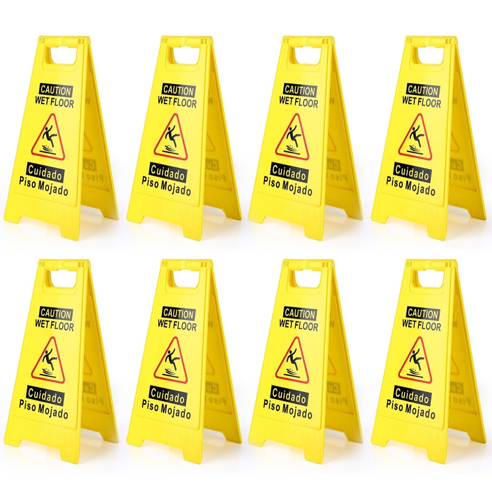 8 Pack Wet Floor Signs, 17.5" Bright Yellow Double Sided A Frame, Bilingual Safe1