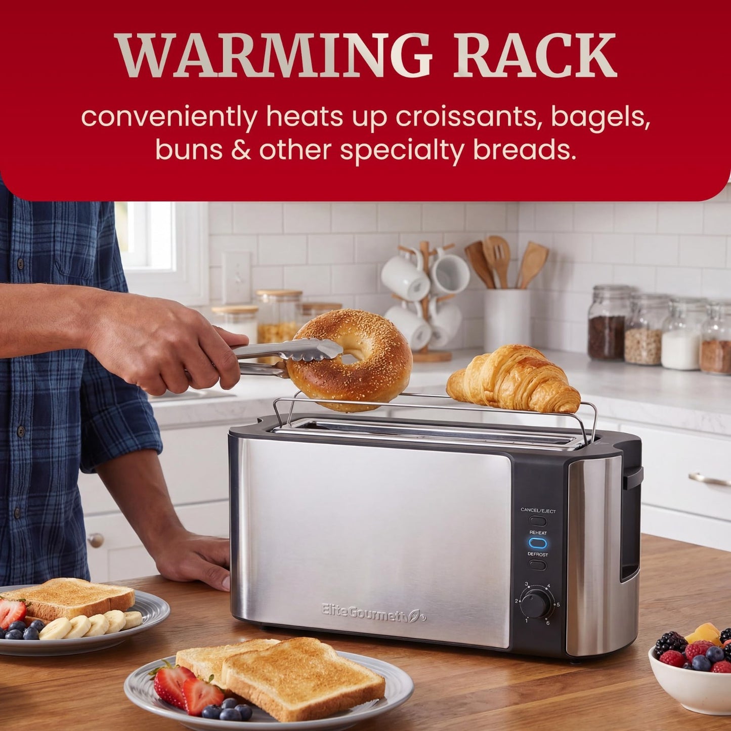 2-Slice Slim Toaster with Long Slot, 6 Settings, Defrost & Warming Rack - Stainl3