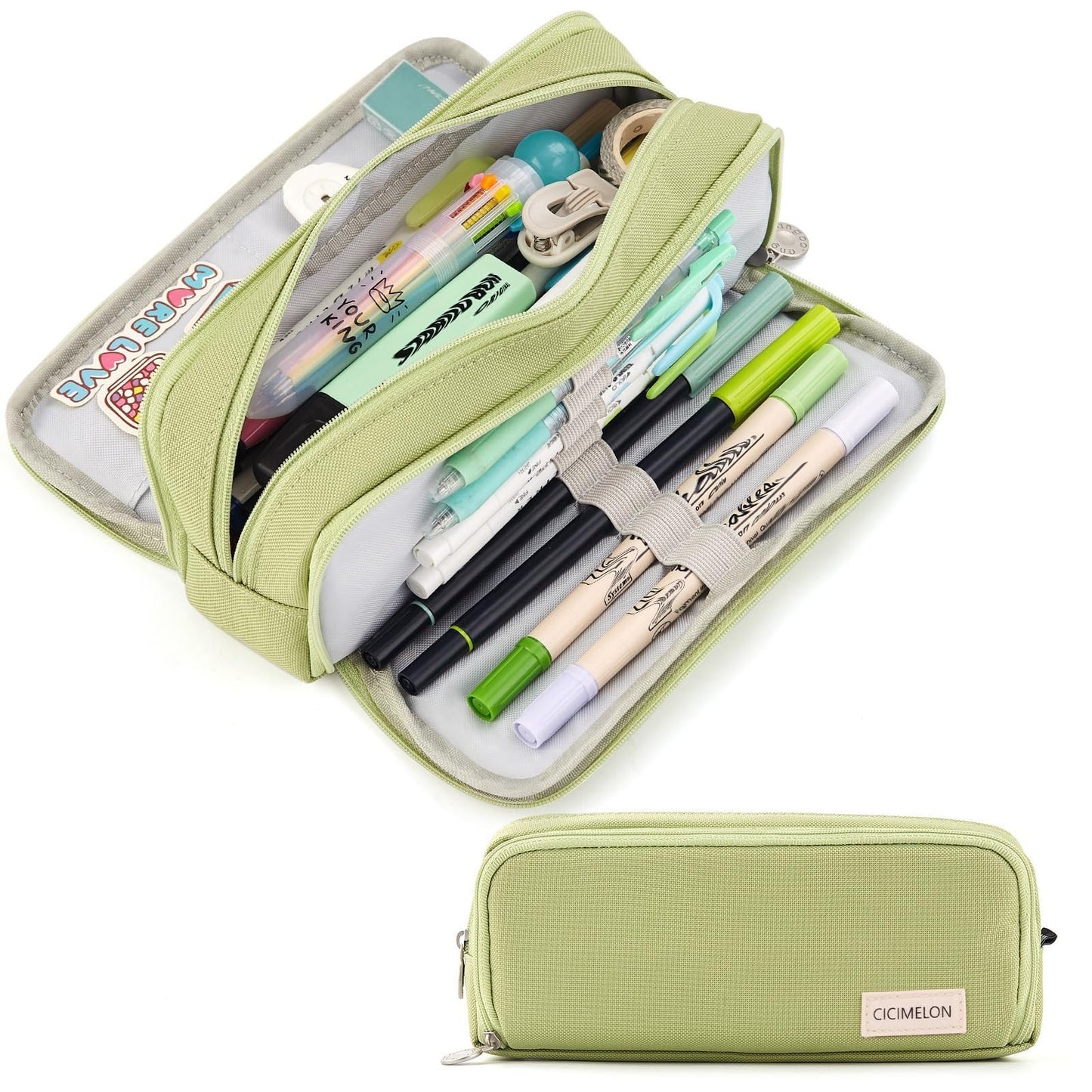 Large Capacity 3 Compartment Pencil Case Pouch for School, Teens & Adults   Gree1
