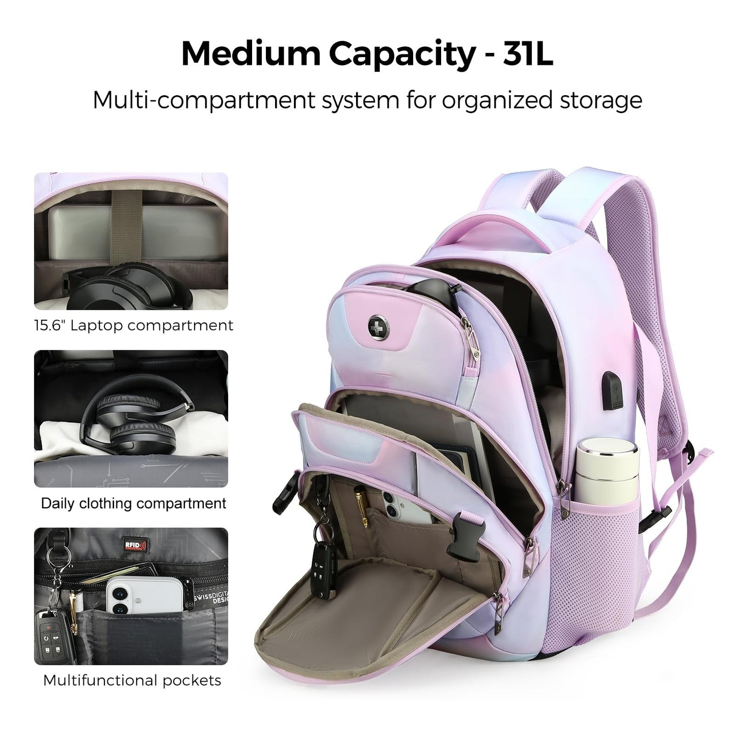 Stylish Pink Purple Laptop Backpack, Travel Bag with Multiple Compartments, Dura5
