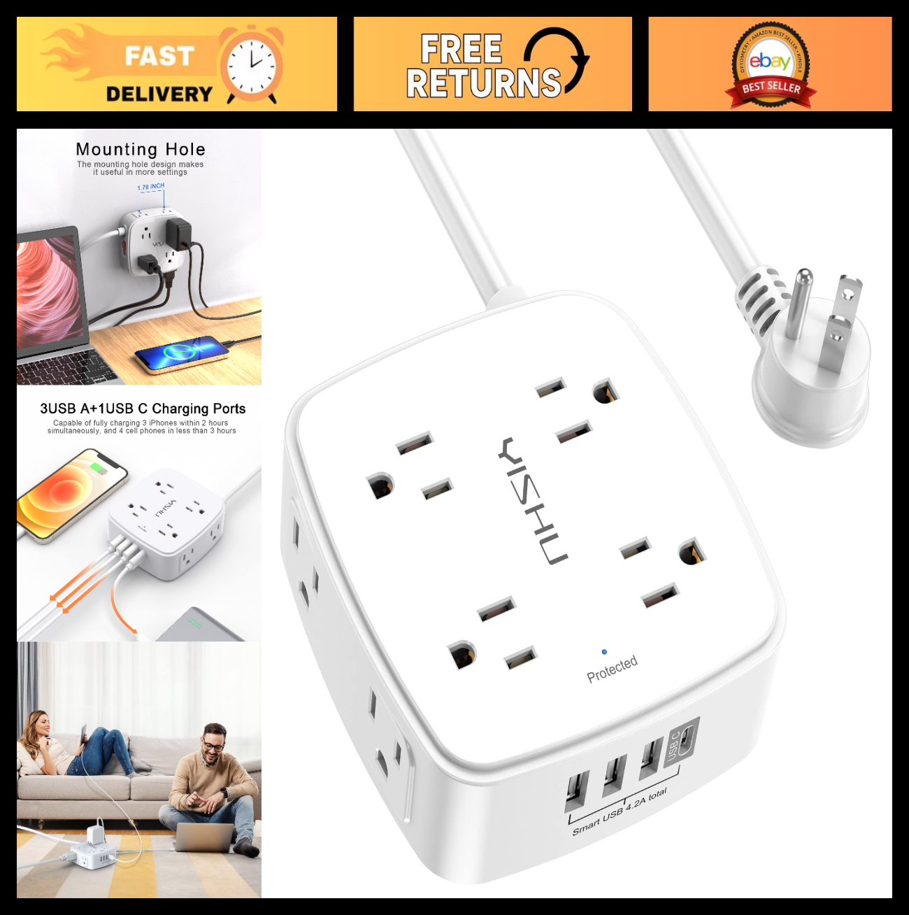 10ft Surge Protector Power Strip   8 AC Outlets & 4 USB Ports, Flat Plug, Wall M0