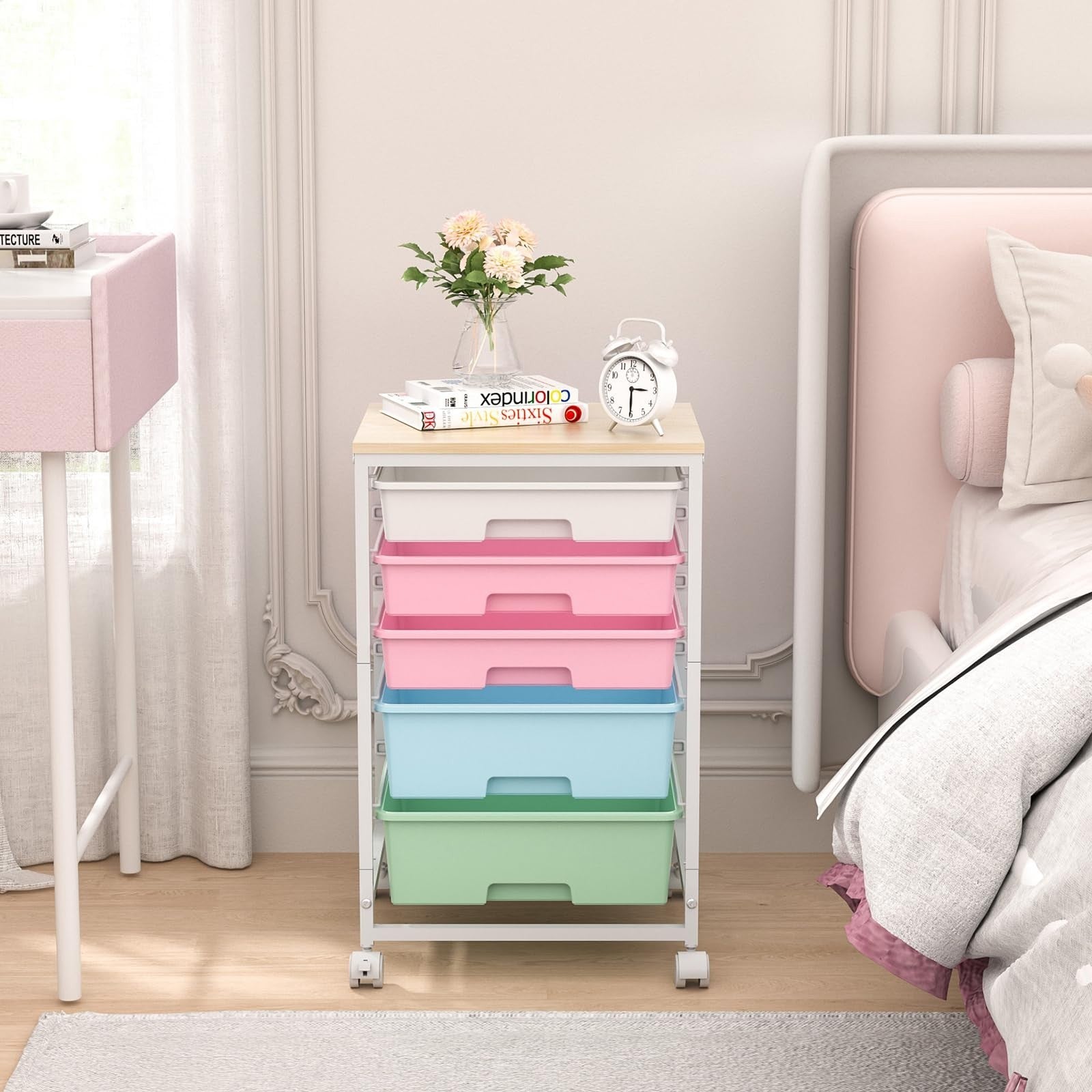 5 Drawer Utility Cart with Wooden Top, Rolling Storage Trolley with Lockable Whe1